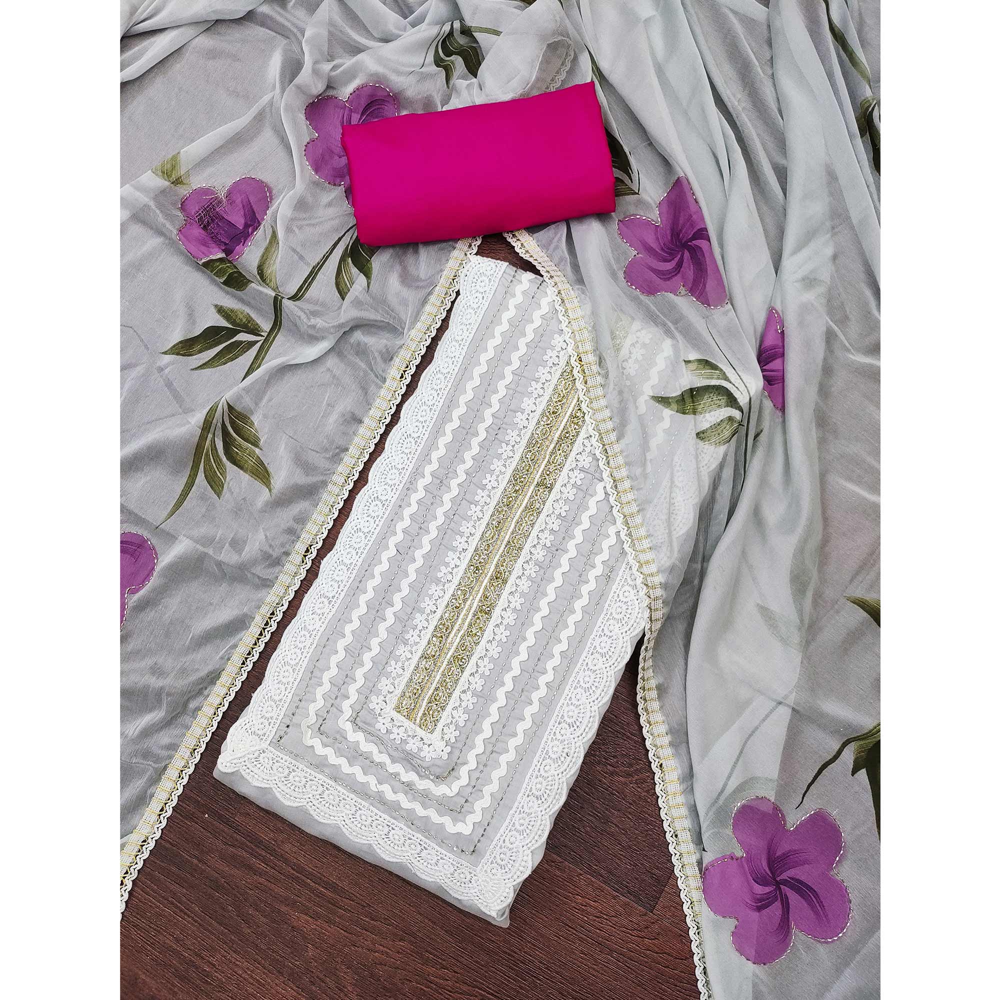 Grey Floral Printed With Intricate Handwork Embroidered Cotton Silk Dress Material