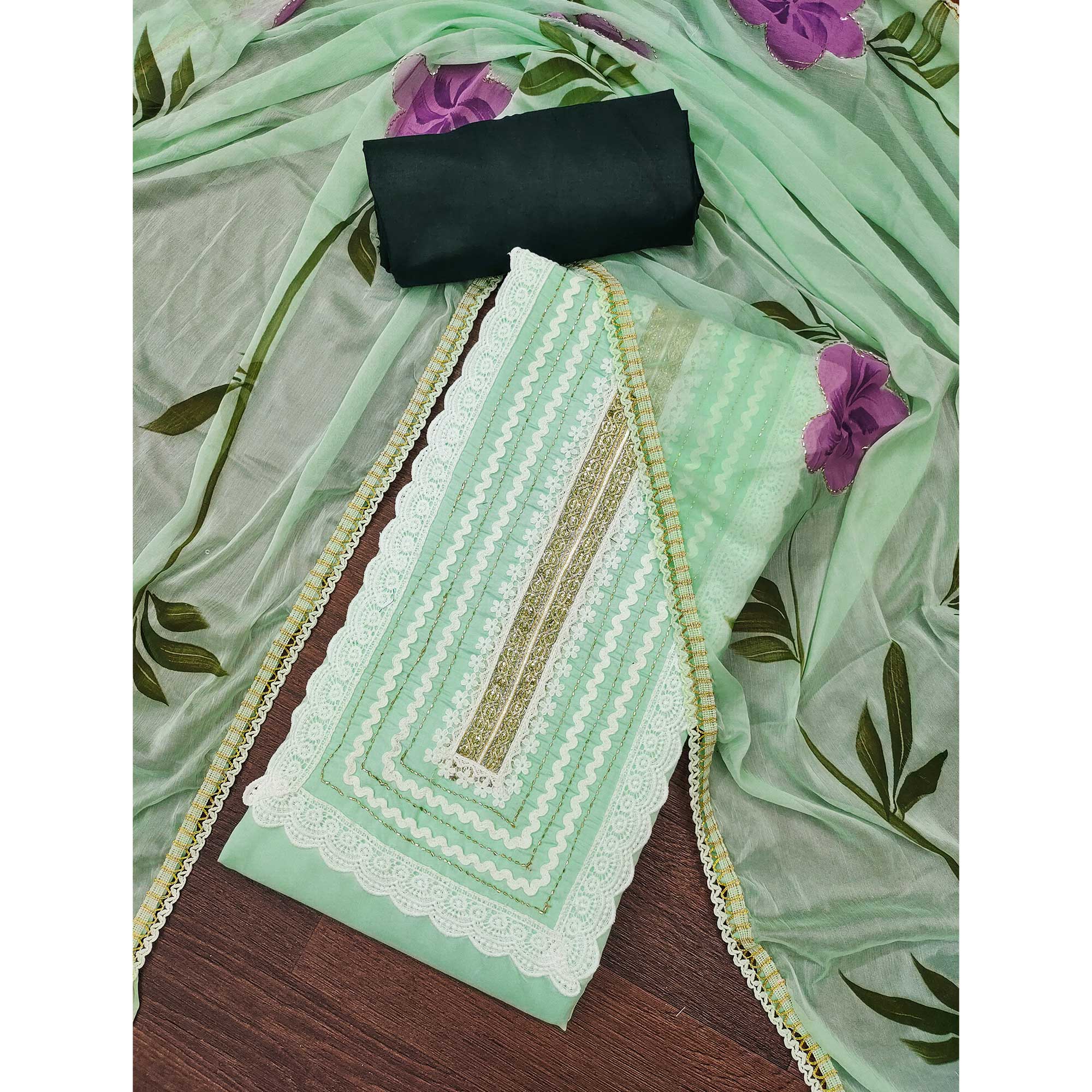 Sea Green Floral Printed With Intricate Handwork Embroidered Cotton Silk Dress Material