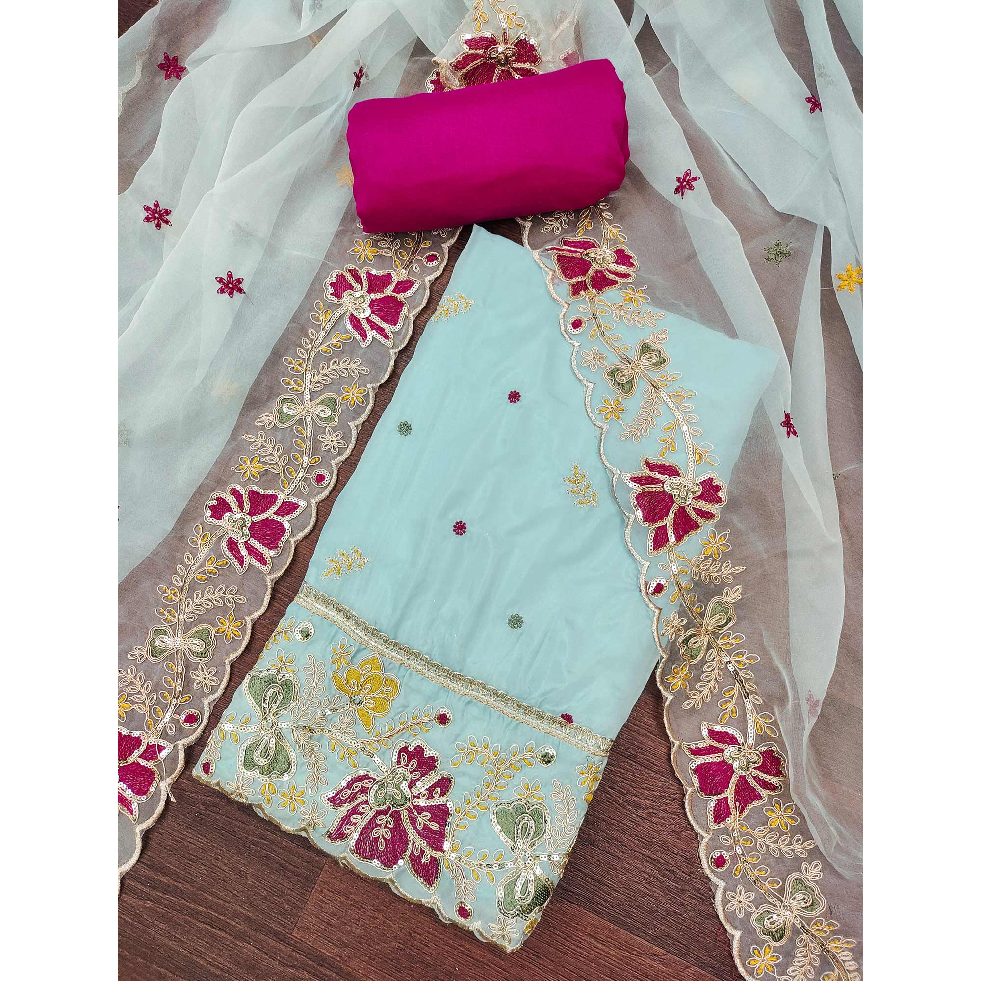 Blue Viscose Organza Dress Material Adorned with Cording & Sequin Embroidery Work