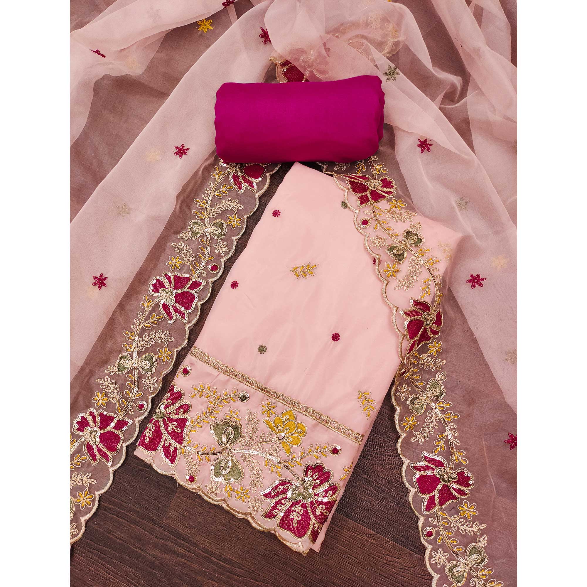 Peach Viscose Organza Dress Material Adorned with Cording & Sequin Embroidery Work