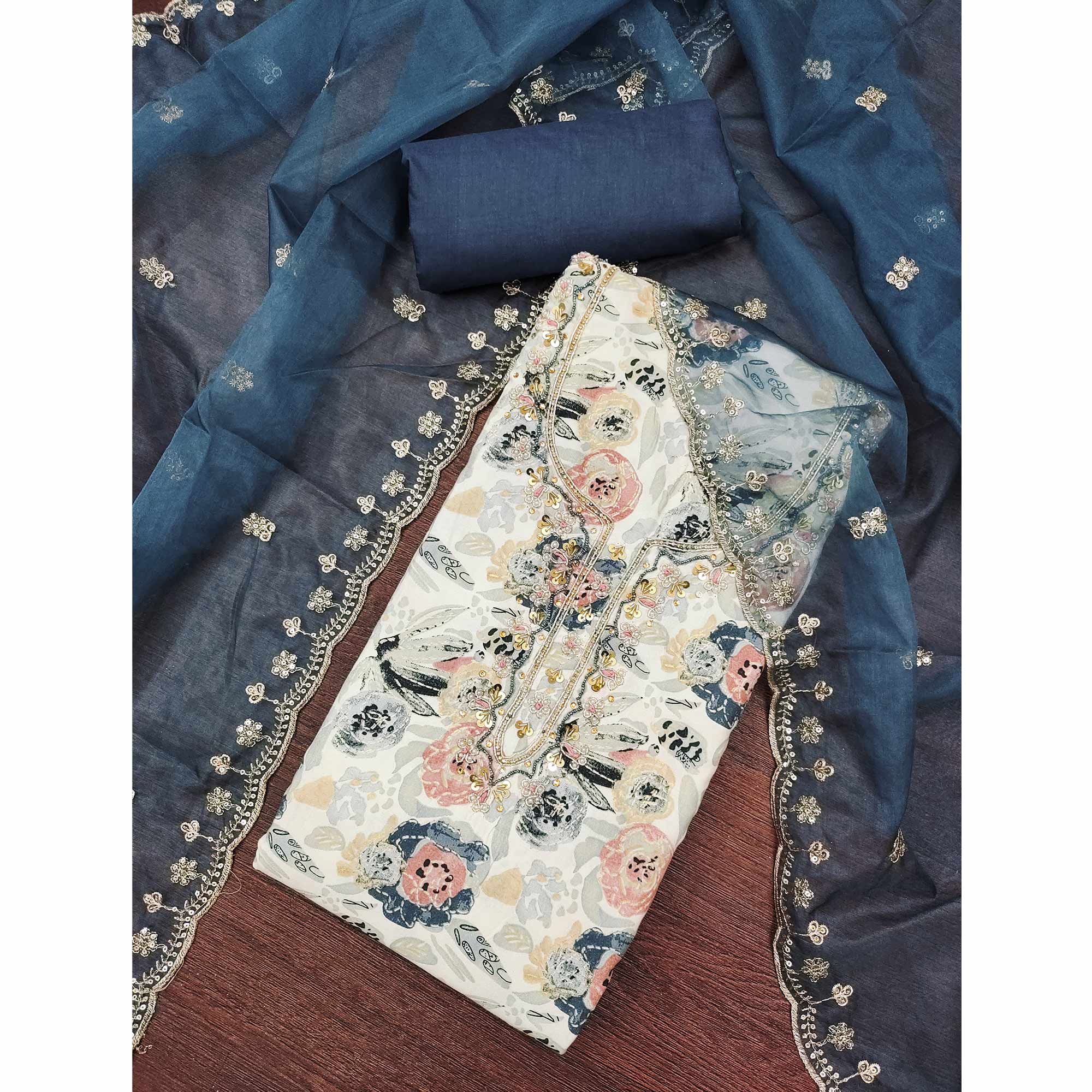 Blue Printed Blue Pure Cotton Dress Material Enhanced With Moti & Hand Embroidered Sequins