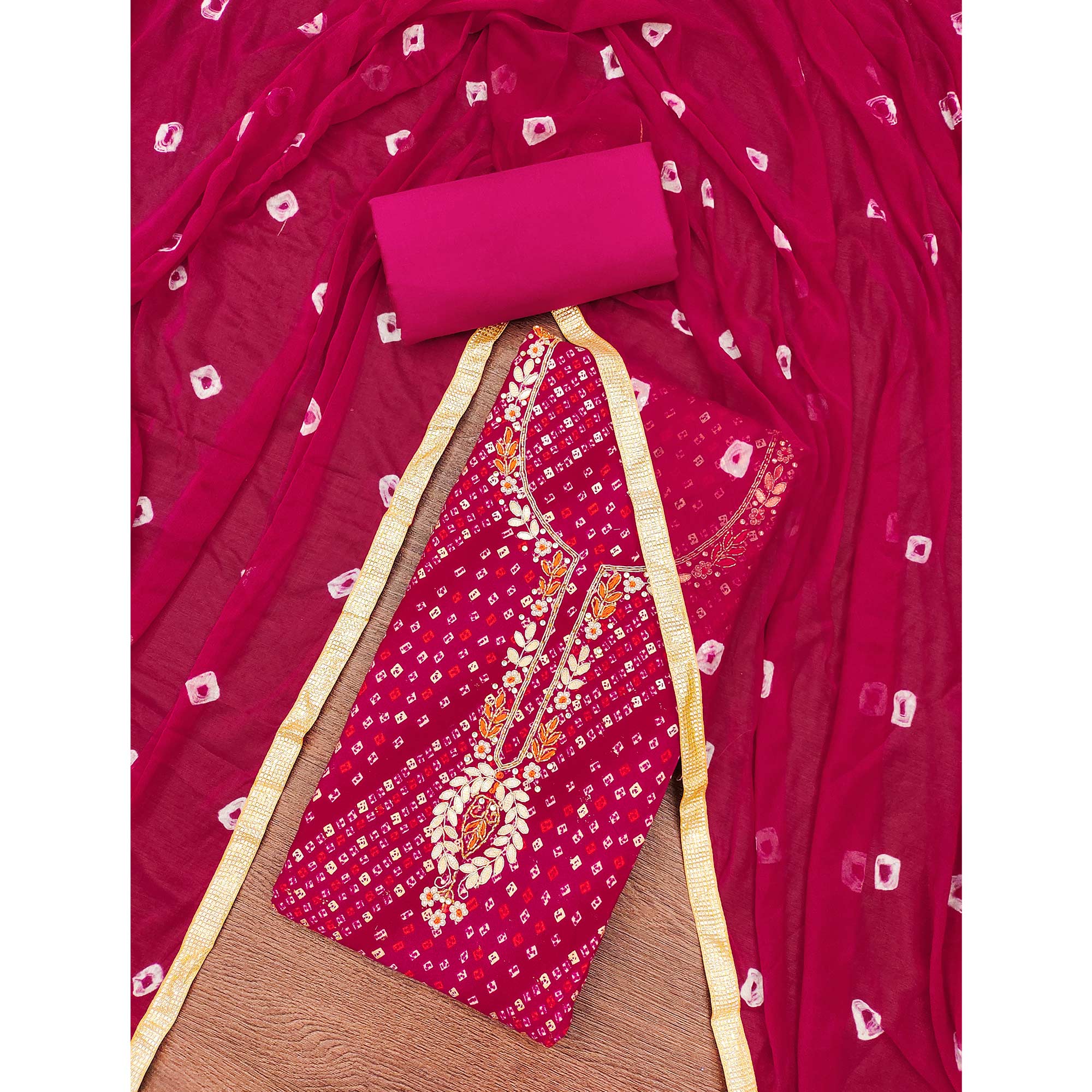 Pink Bandhani Printed Pure Cotton Dress Material With Intricate Moti & Gota Patti Handwork
