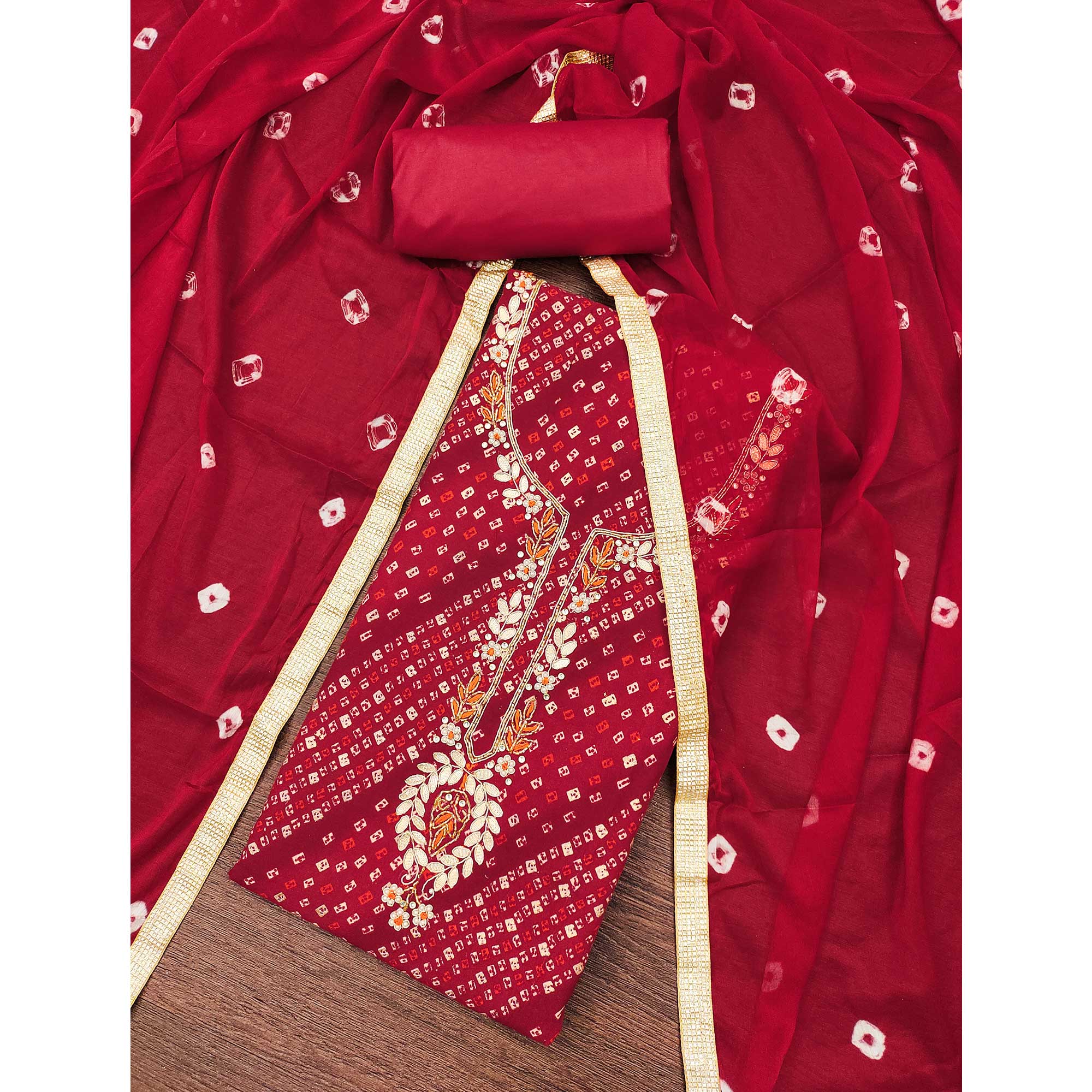 Red Bandhani Printed Pure Cotton Dress Material With Intricate Moti & Gota Patti Handwork