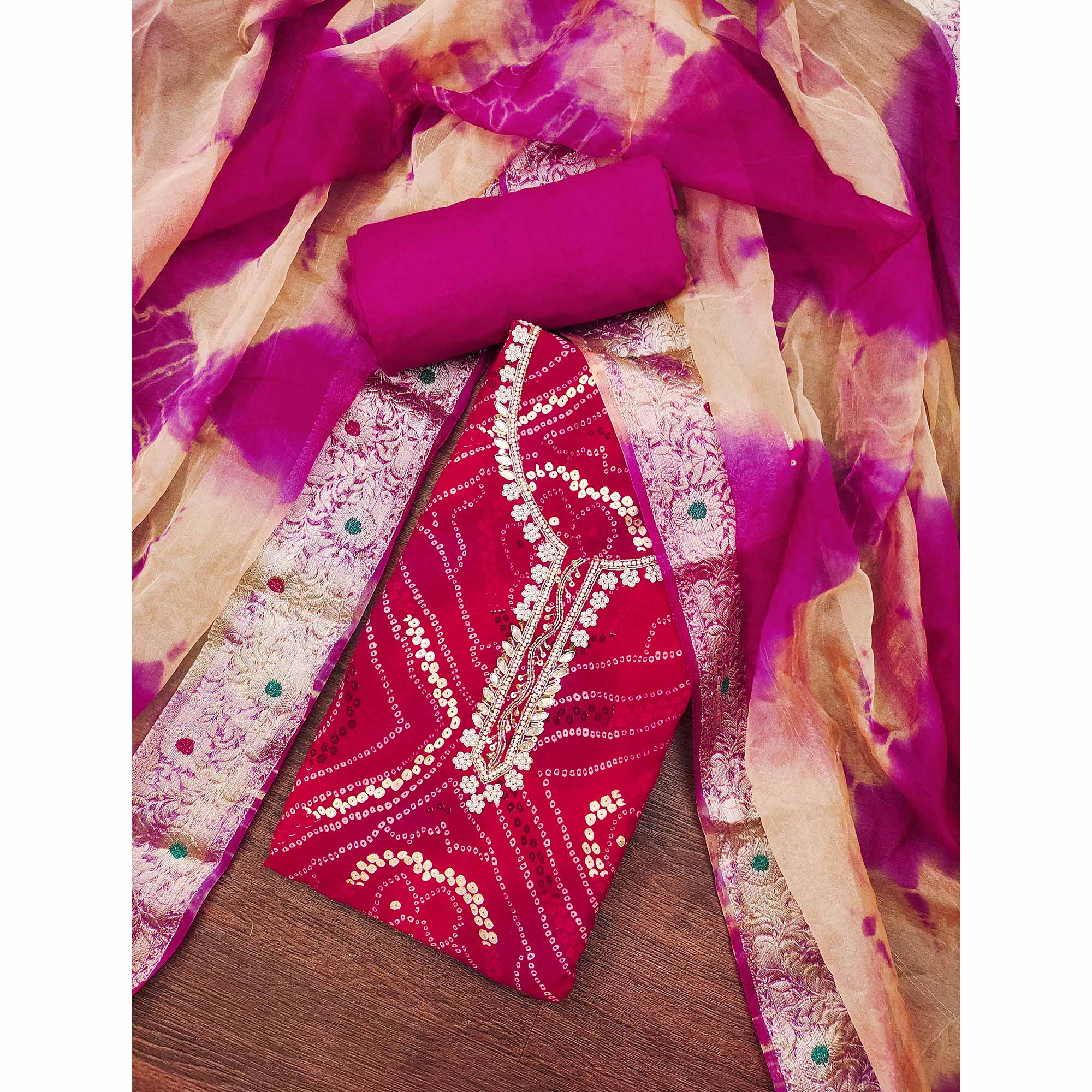 Pink Bandhani Printed Pure Cotton Dress Material With Artistic Moti & Gota Patti Handwork