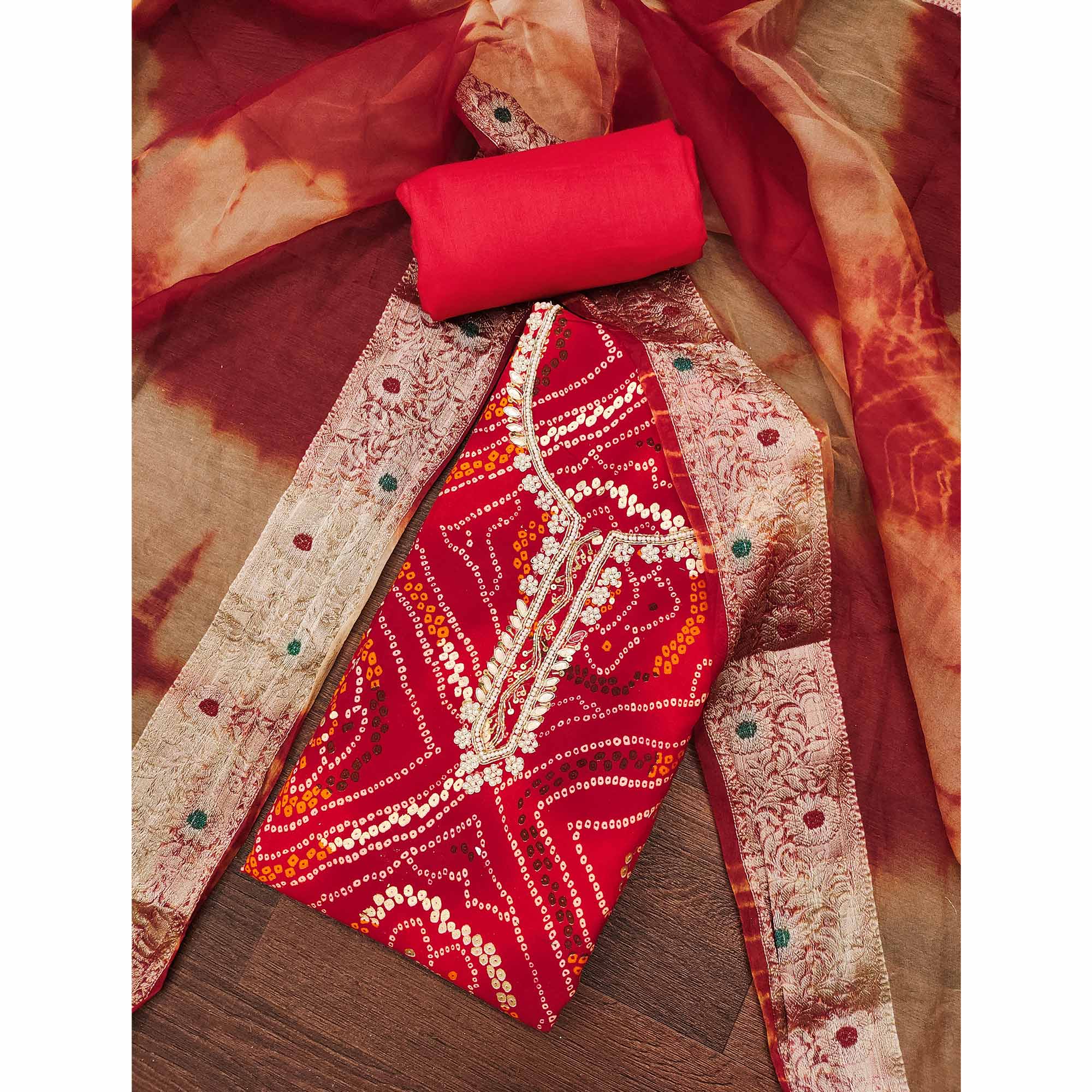 Red Bandhani Printed Pure Cotton Dress Material With Artistic Moti & Gota Patti Handwork