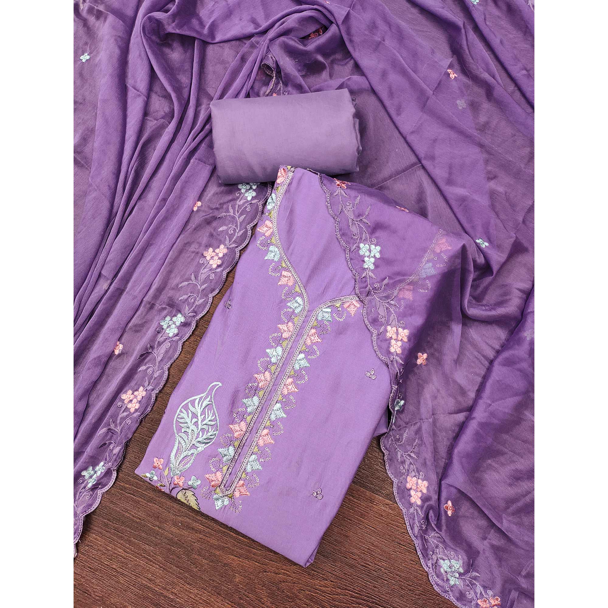 Lavender Dress Material In Cotton Silk With Floral Embroidery & Sequin Accents