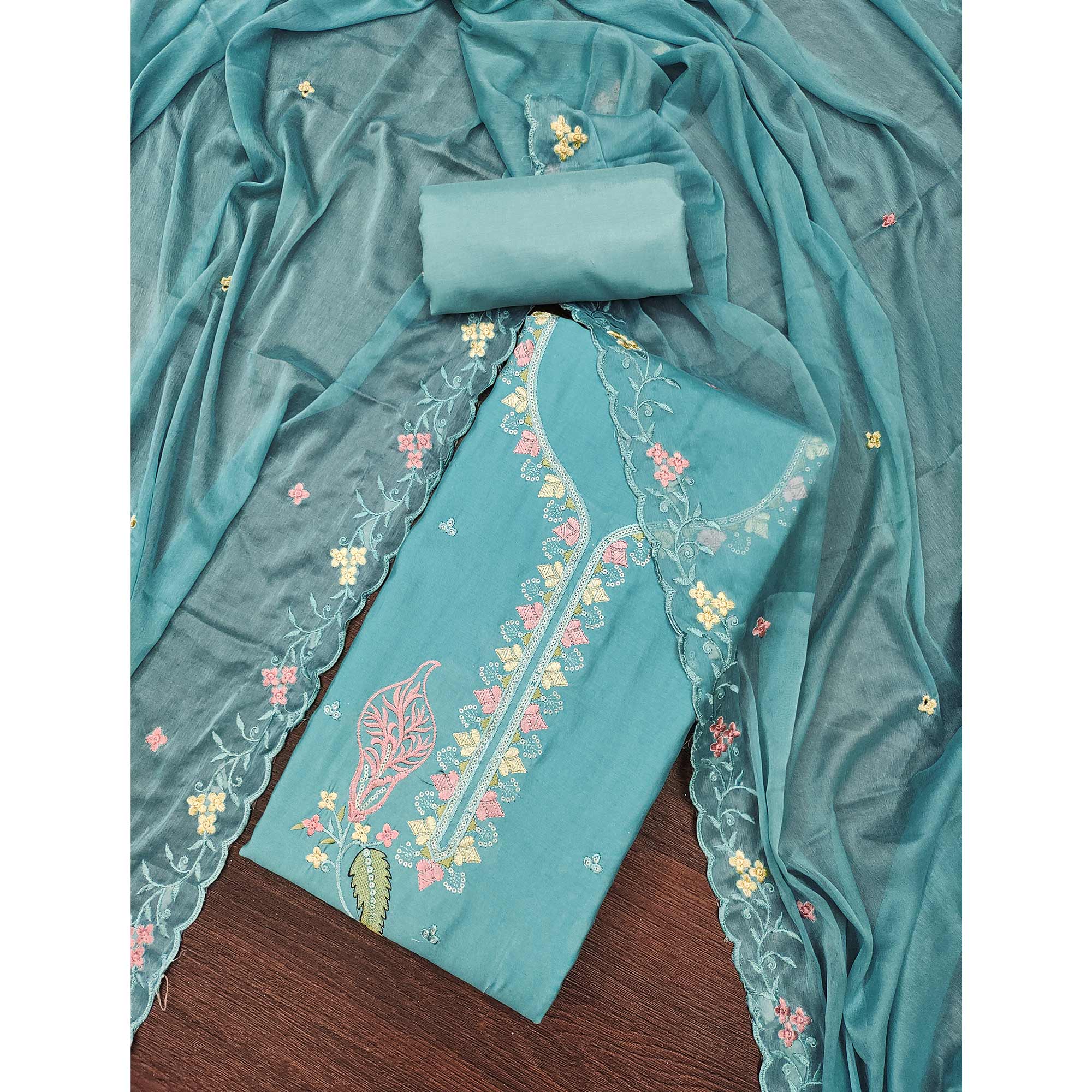 Turquoise Dress Material In Cotton Silk With Floral Embroidery & Sequin Accents