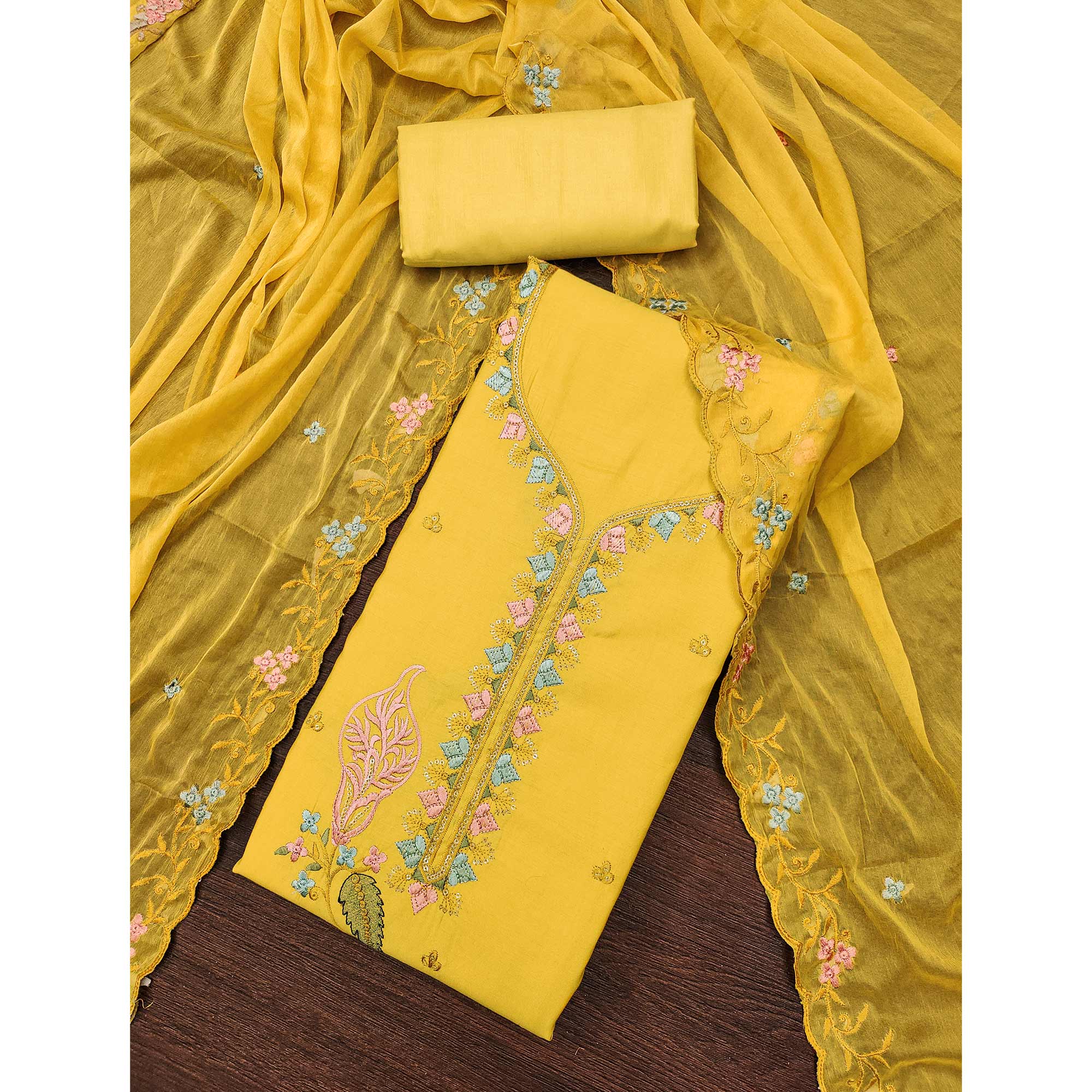 Yellow Dress Material In Cotton Silk With Floral Embroidery & Sequin Accents