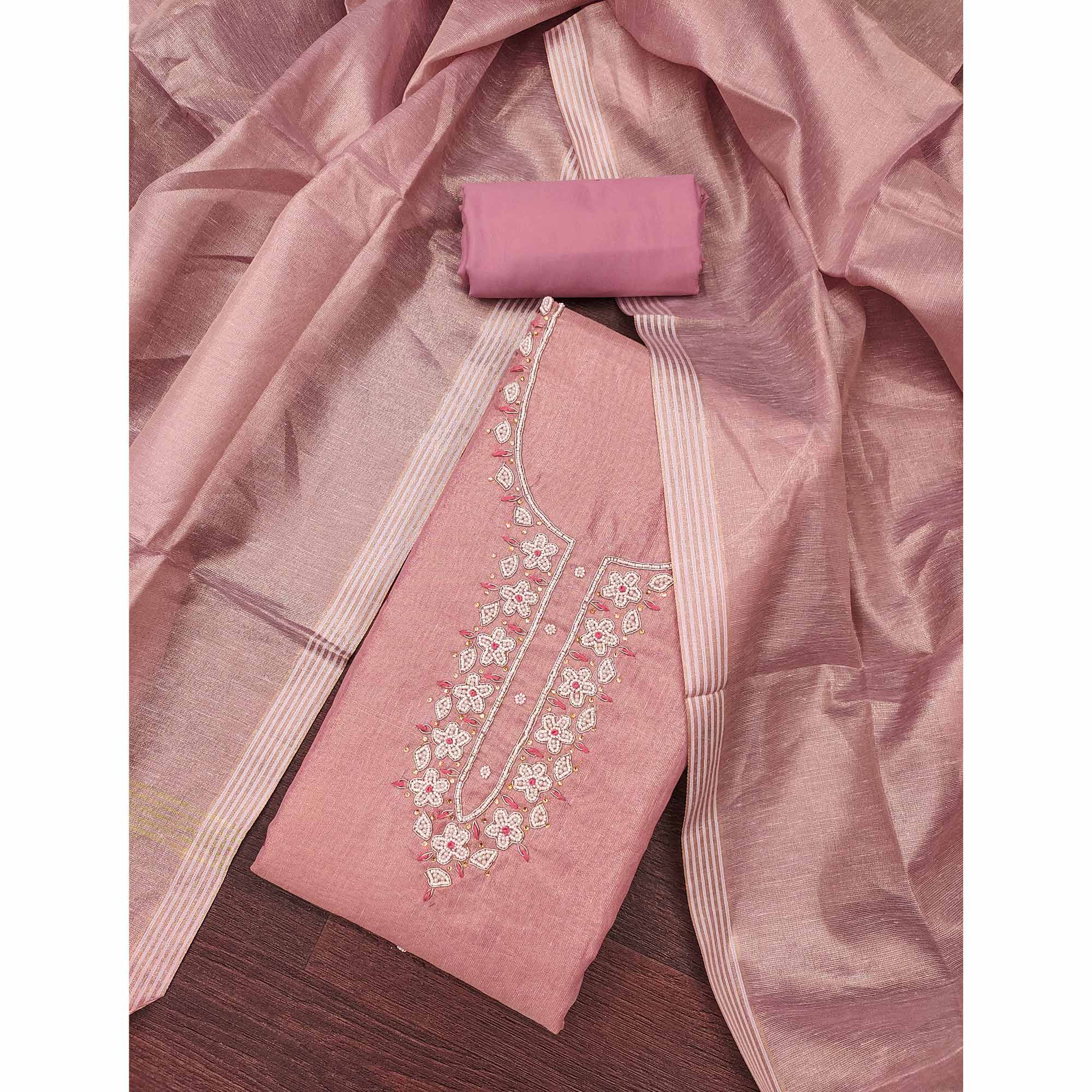 Dusty Rose Pink Shimmer Cotton Pure Cotton Dress Material With Intricate Moti & Stones Handwork