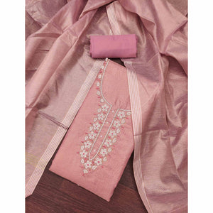Dusty Rose Pink Shimmer Cotton Pure Cotton Dress Material With Intricate Moti & Stones Handwork