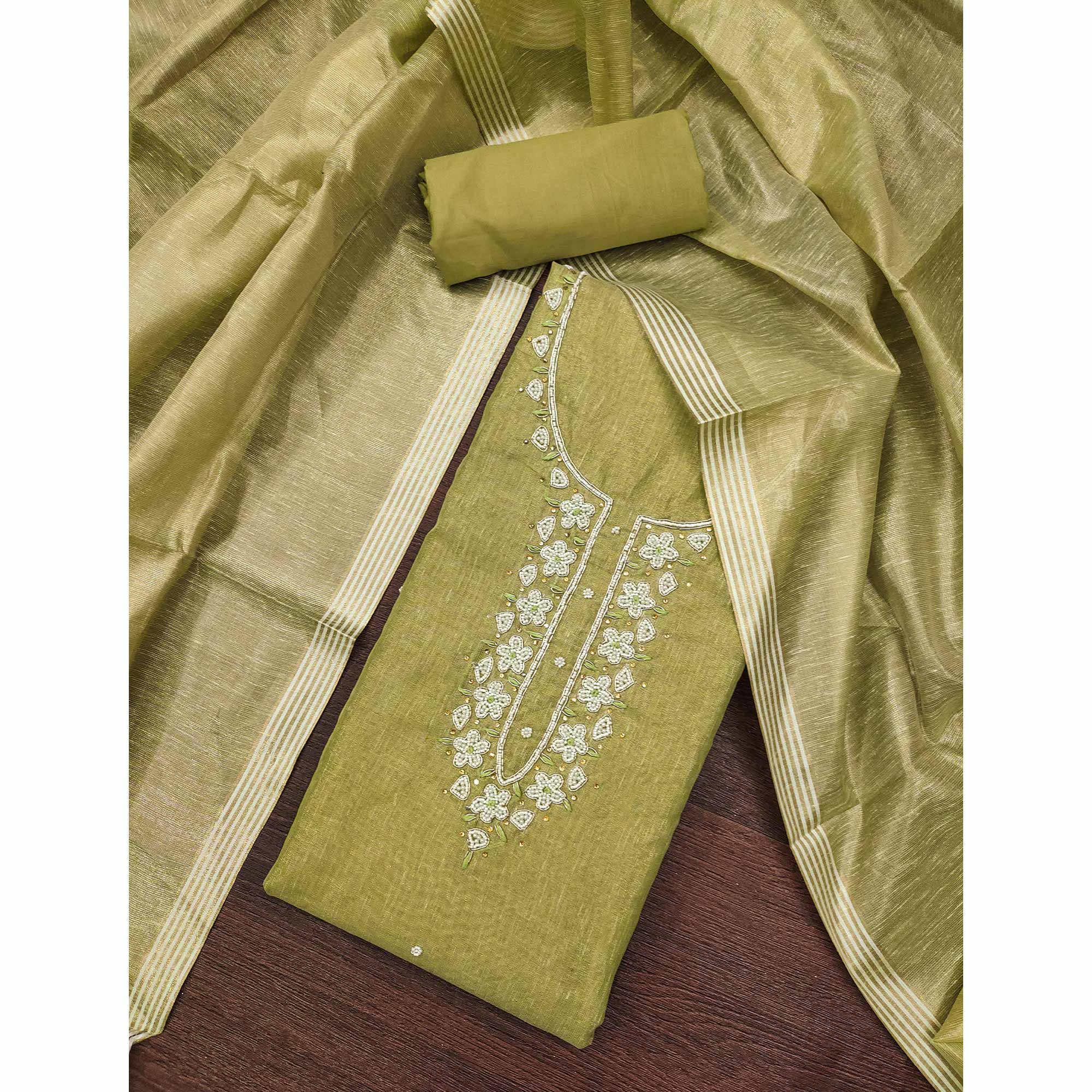 Green Shimmer Cotton Pure Cotton Dress Material With Intricate Moti & Stones Handwork