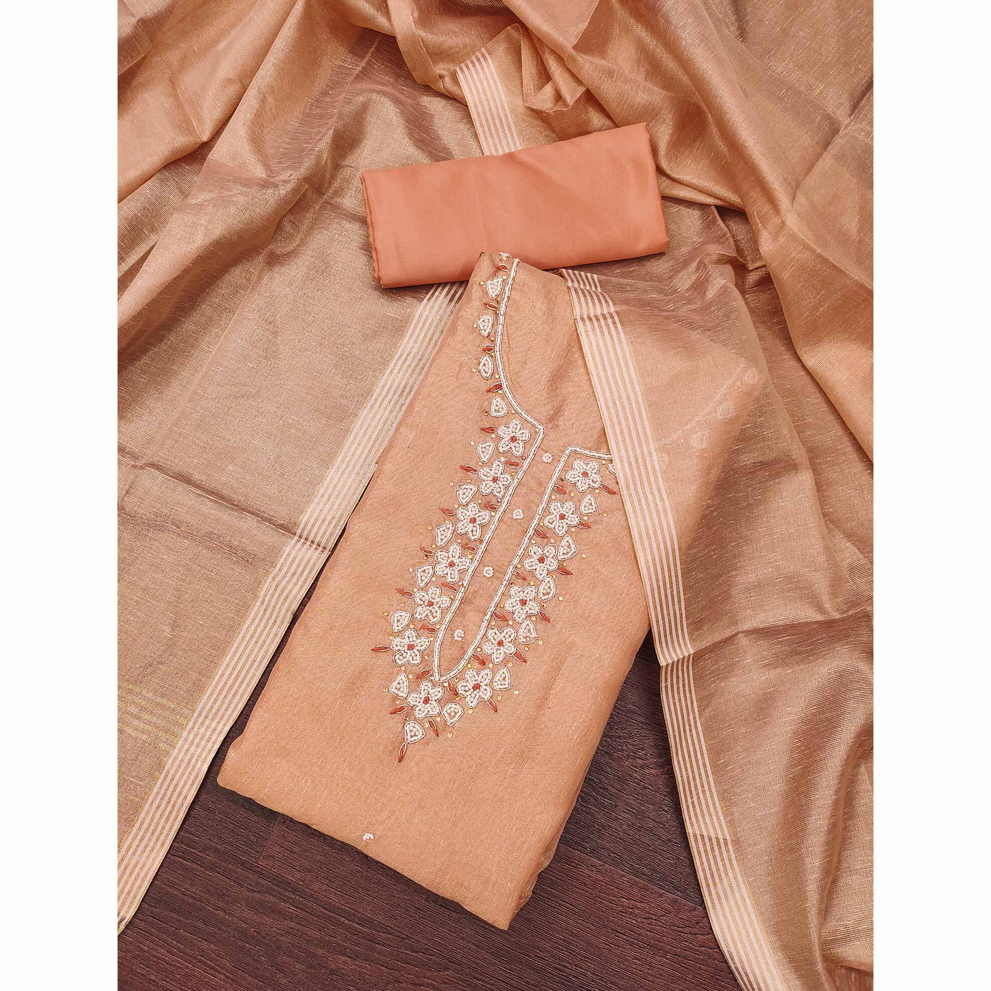 Peach Shimmer Cotton Pure Cotton Dress Material With Intricate Moti & Stones Handwork