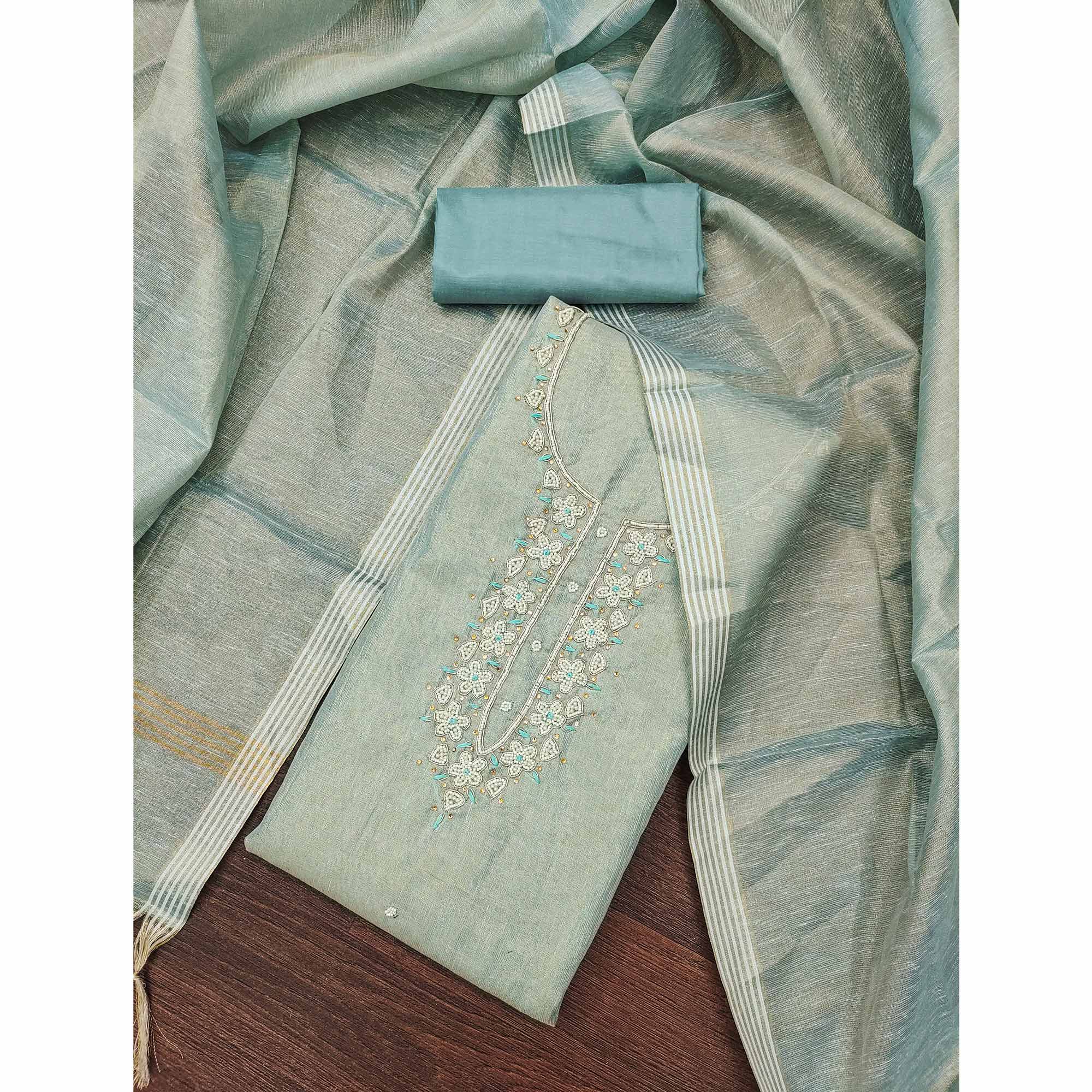 Pastel Sea Green Shimmer Cotton Pure Cotton Dress Material With Intricate Moti & Stones Handwork