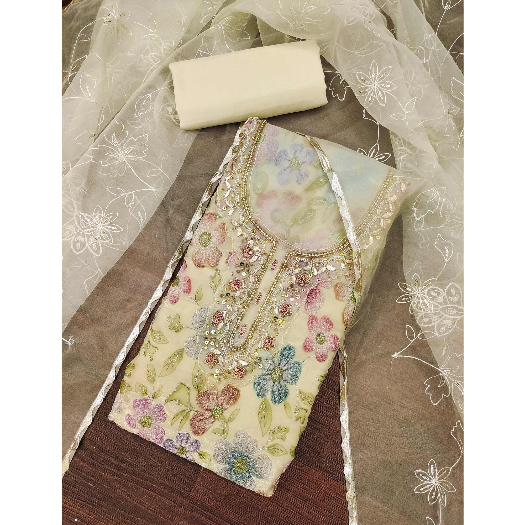 Light Yellow Delight Floral Printed With Moti & Sequins Handwork Viscose Dress Material