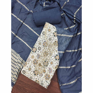 Grey Floral Printed Roman Cotton Silk Dress Material With Intricate Moti & Sequins Handwork
