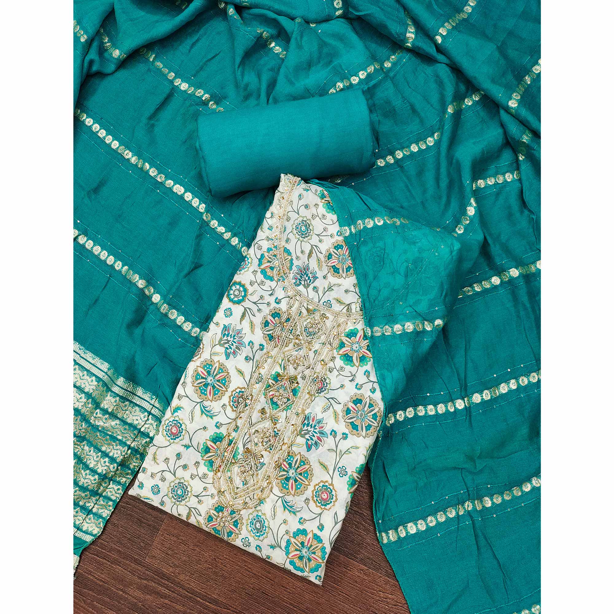 Teal Floral Printed Roman Cotton Silk Dress Material With Intricate Moti & Sequins Handwork