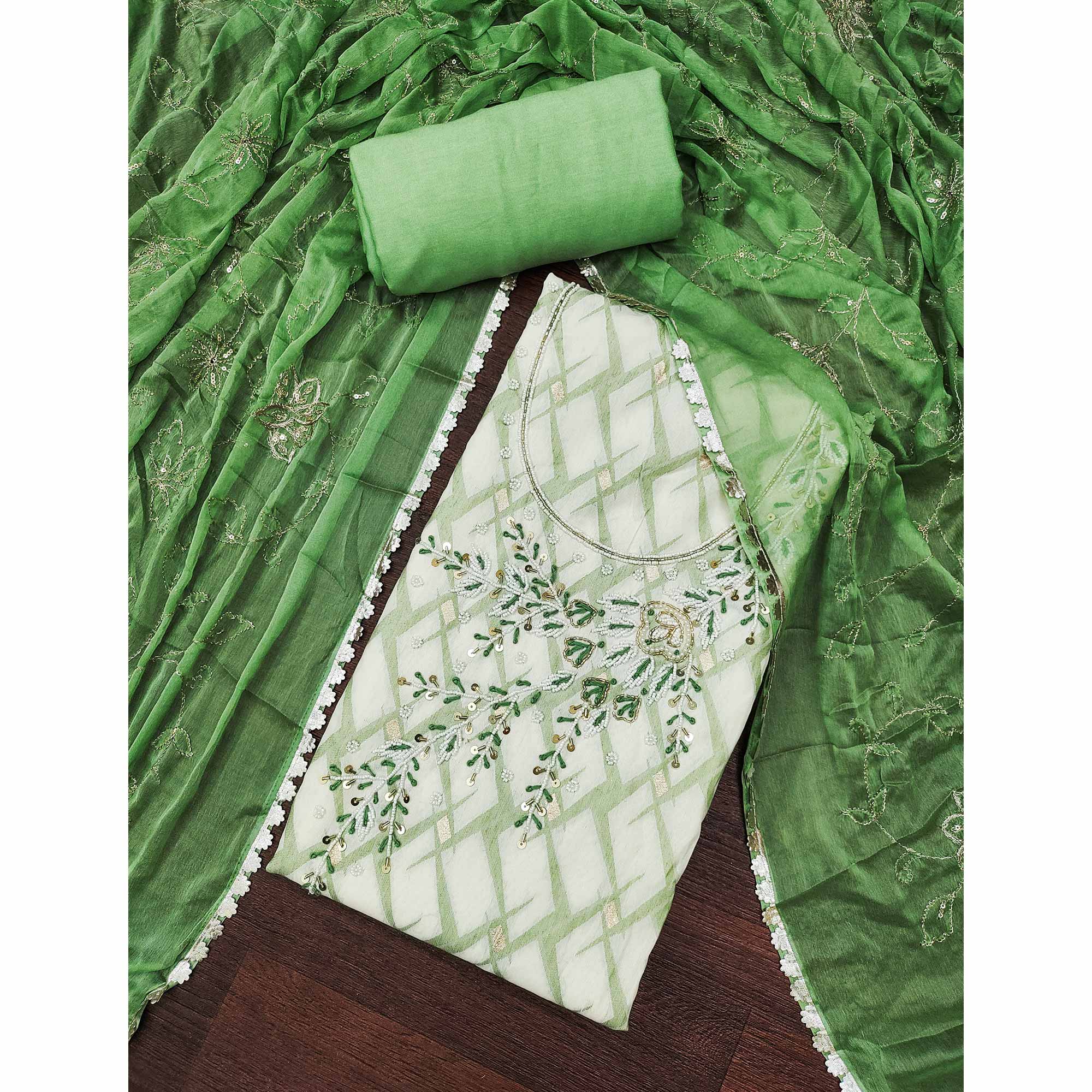 Green Woven Banarasi Silk Dress Material With Intricate Moti & Sequins Handwork