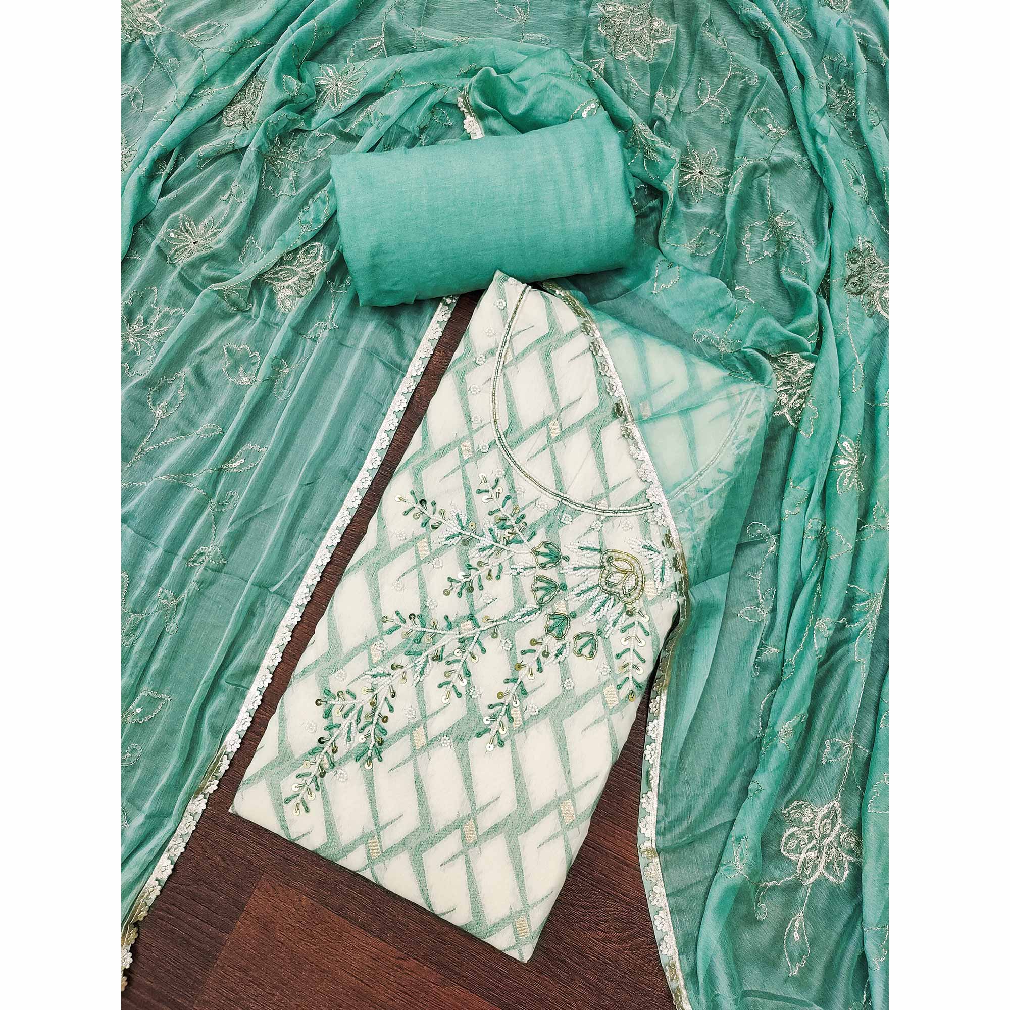 Turquoise Woven Banarasi Silk Dress Material With Intricate Moti & Sequins Handwork