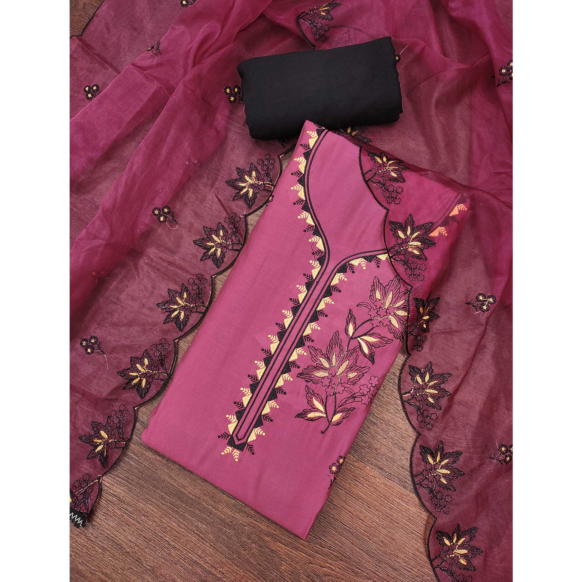 Pink Cotton Silk Dress Material With Intricate Floral Thread Embroidery