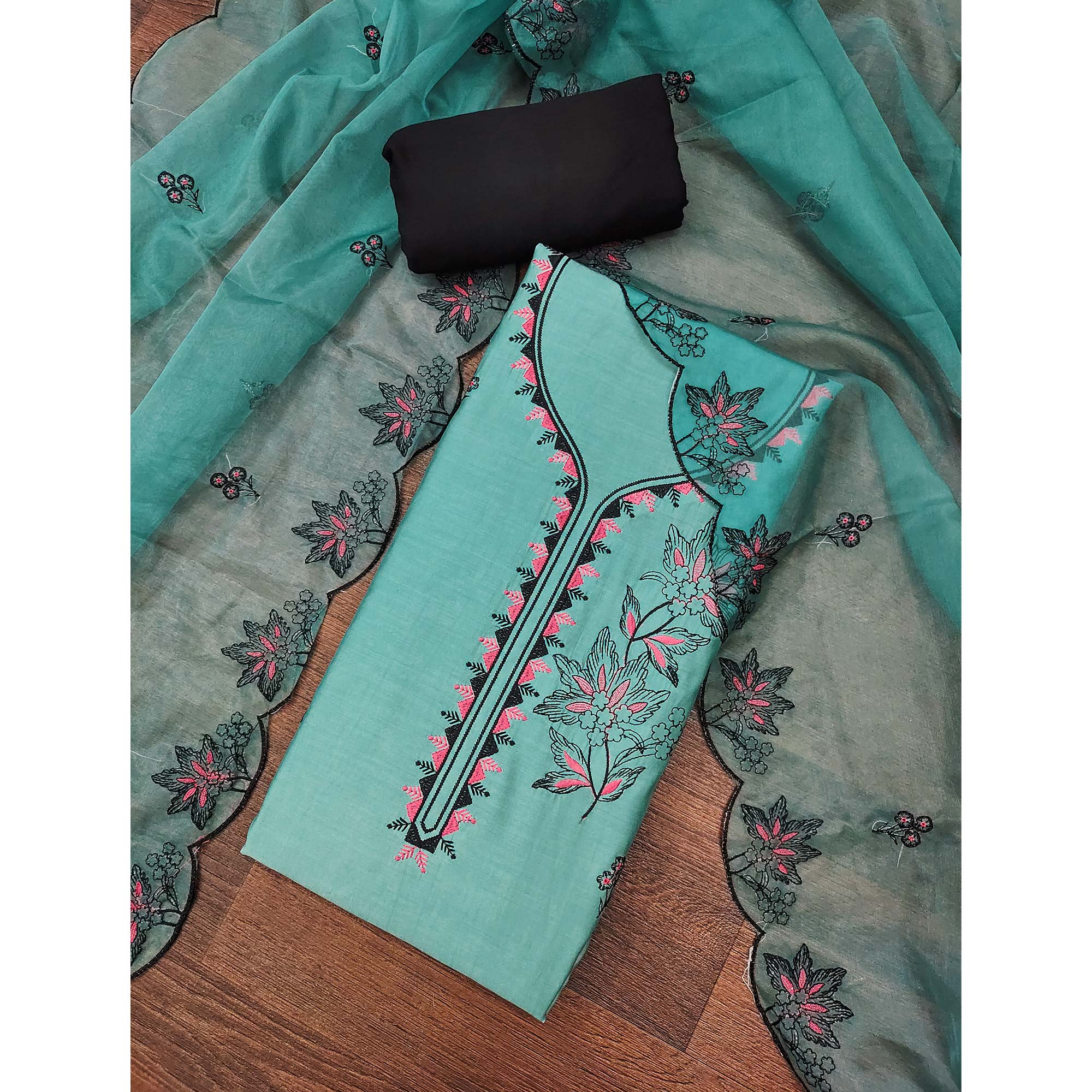 Turquoise Cotton Silk Dress Material With Intricate Floral Thread Embroidery