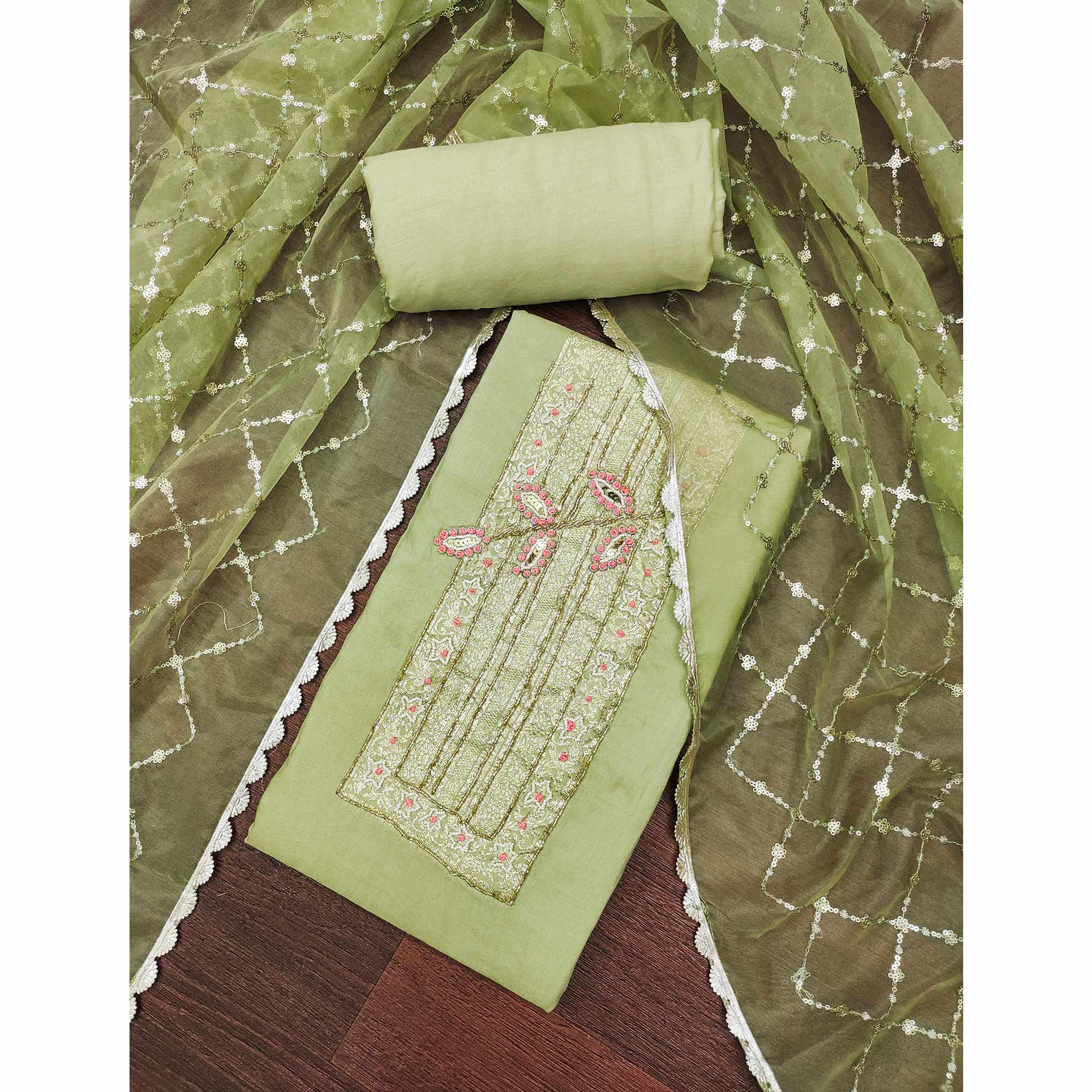 Green Woven With Intricate Moti Handwork Banarasi Cotton Dress Material