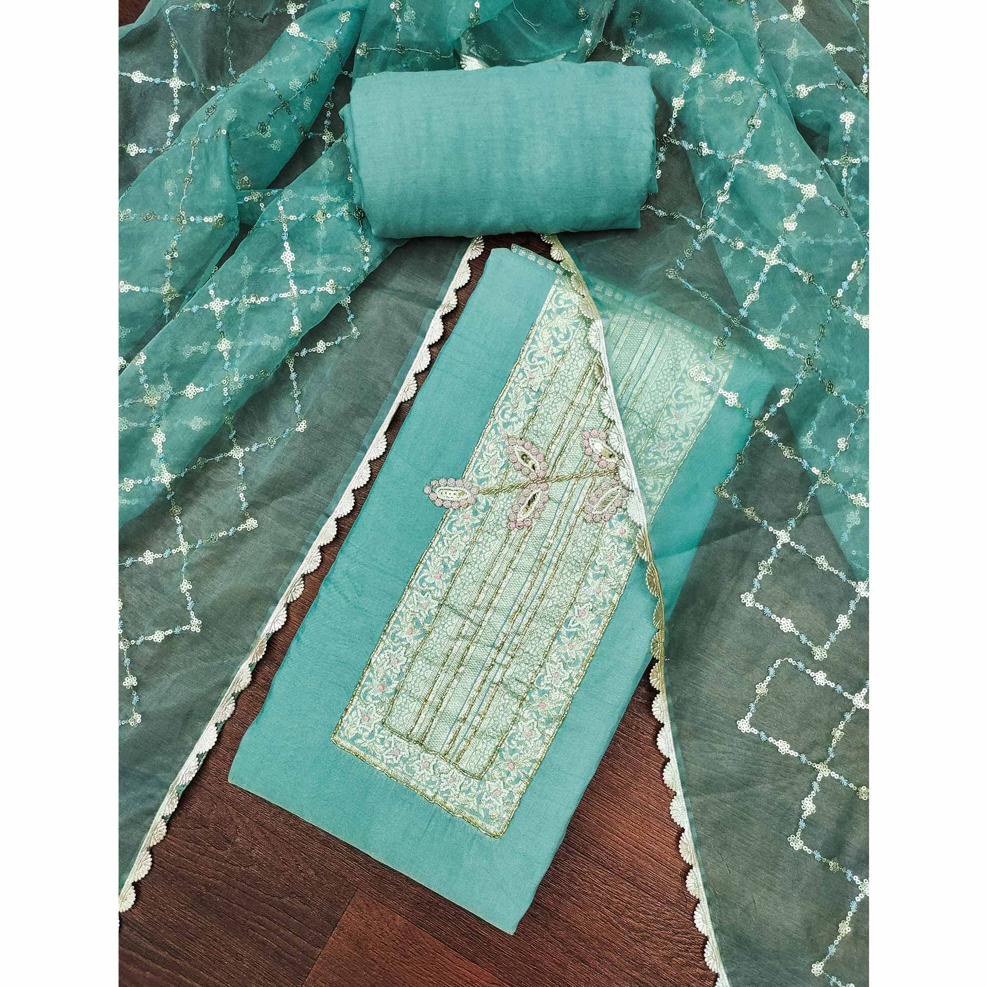 Turquoise Woven With Intricate Moti Handwork Banarasi Cotton Dress Material