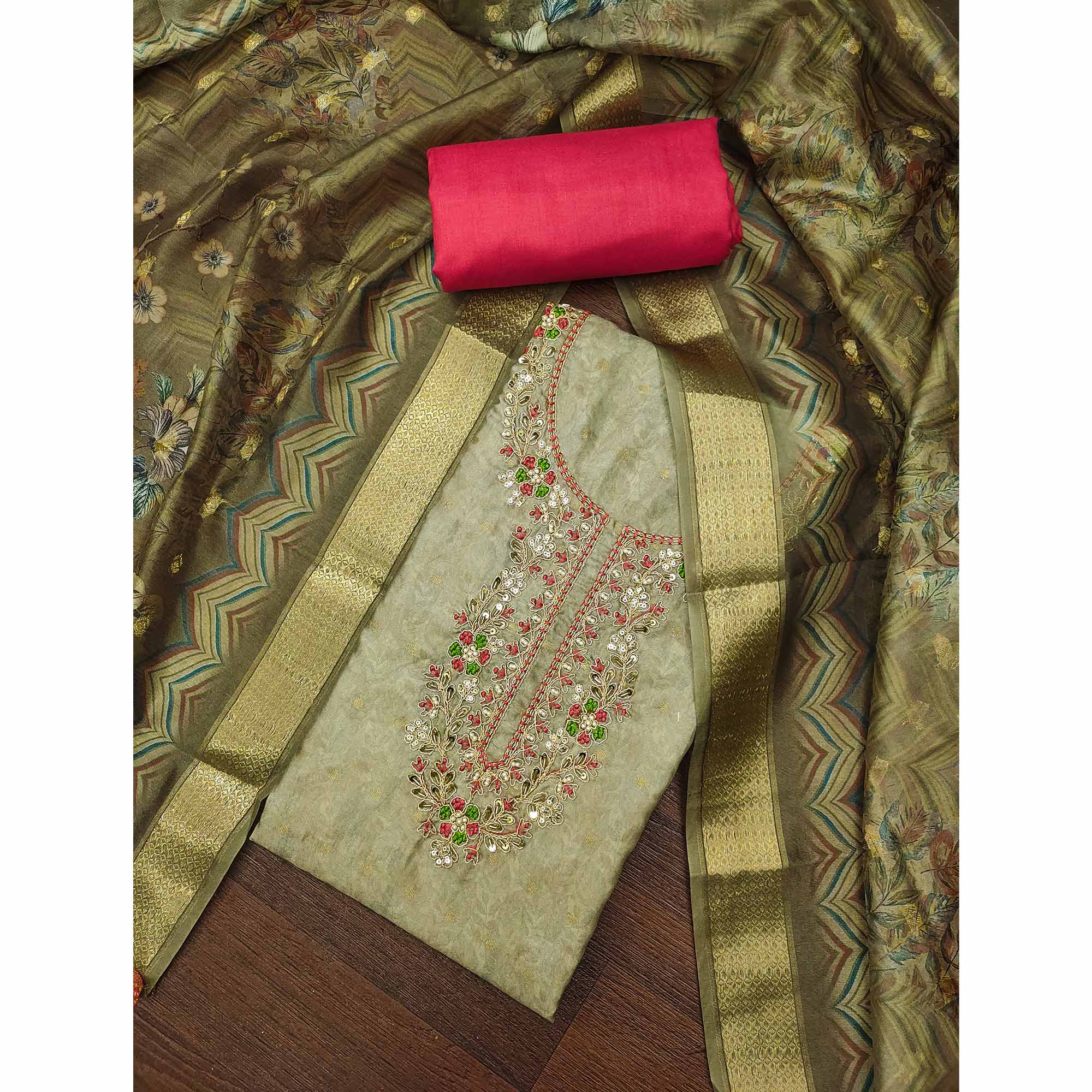 Olive Digital Printed Cotton Silk Dress Material With Intricate Moti & Sequins Handwork
