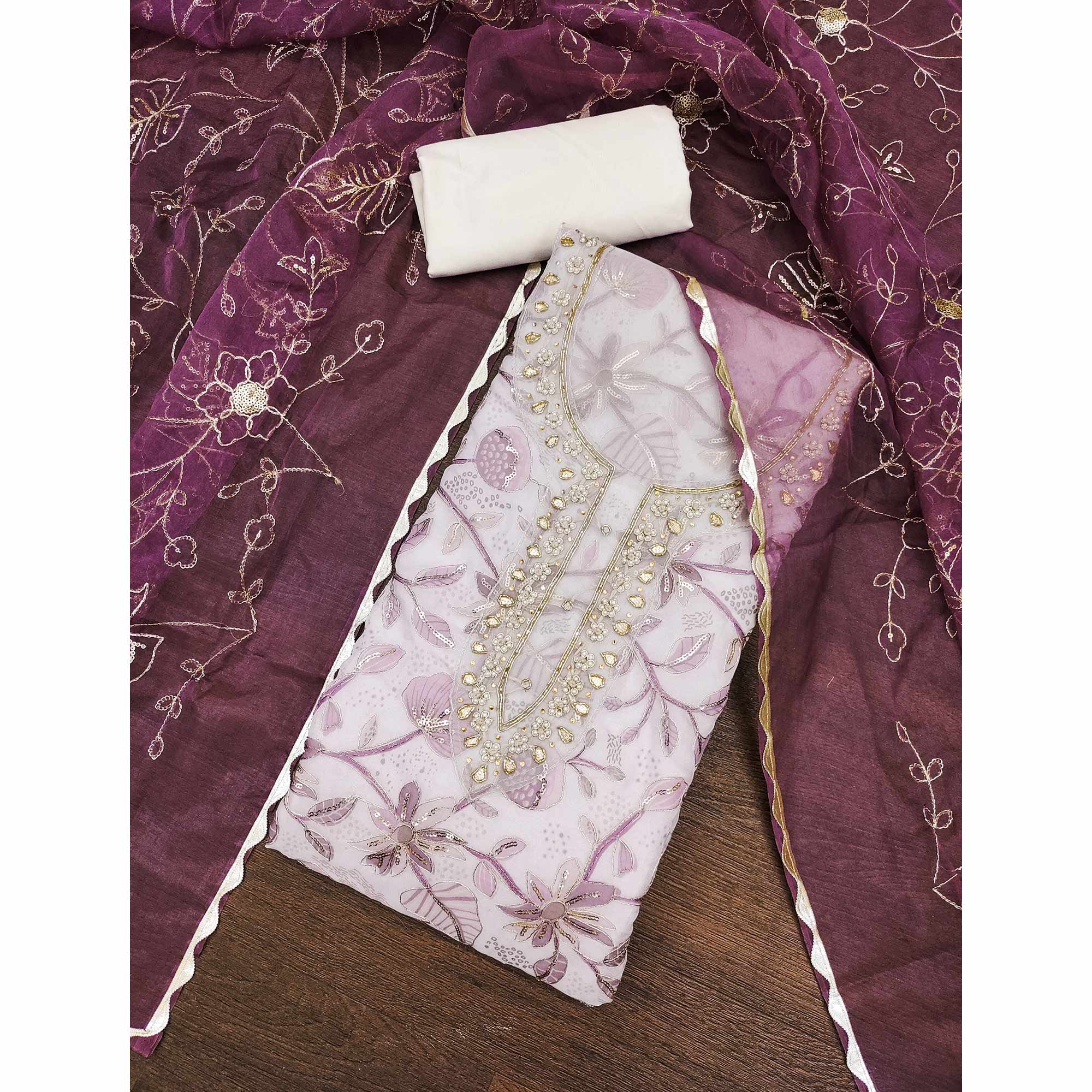 Wine Floral Elegance Dress Material With Handwork & Sequins On Organza