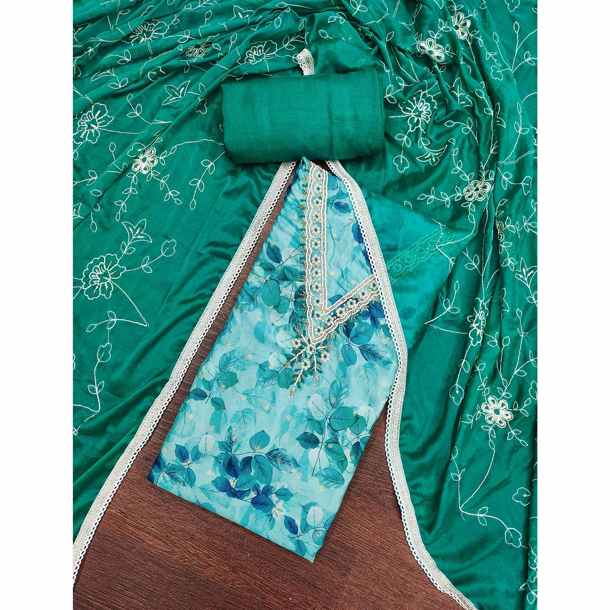 Blue Banarasi Silk Dress Material With Digital Print & Moti Handwork