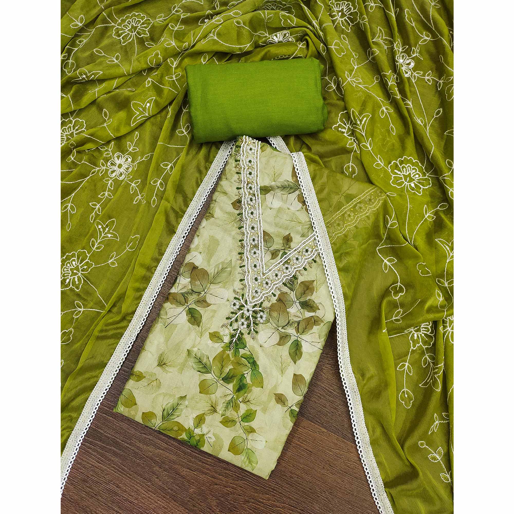 Green Banarasi Silk Dress Material With Digital Print & Moti Handwork
