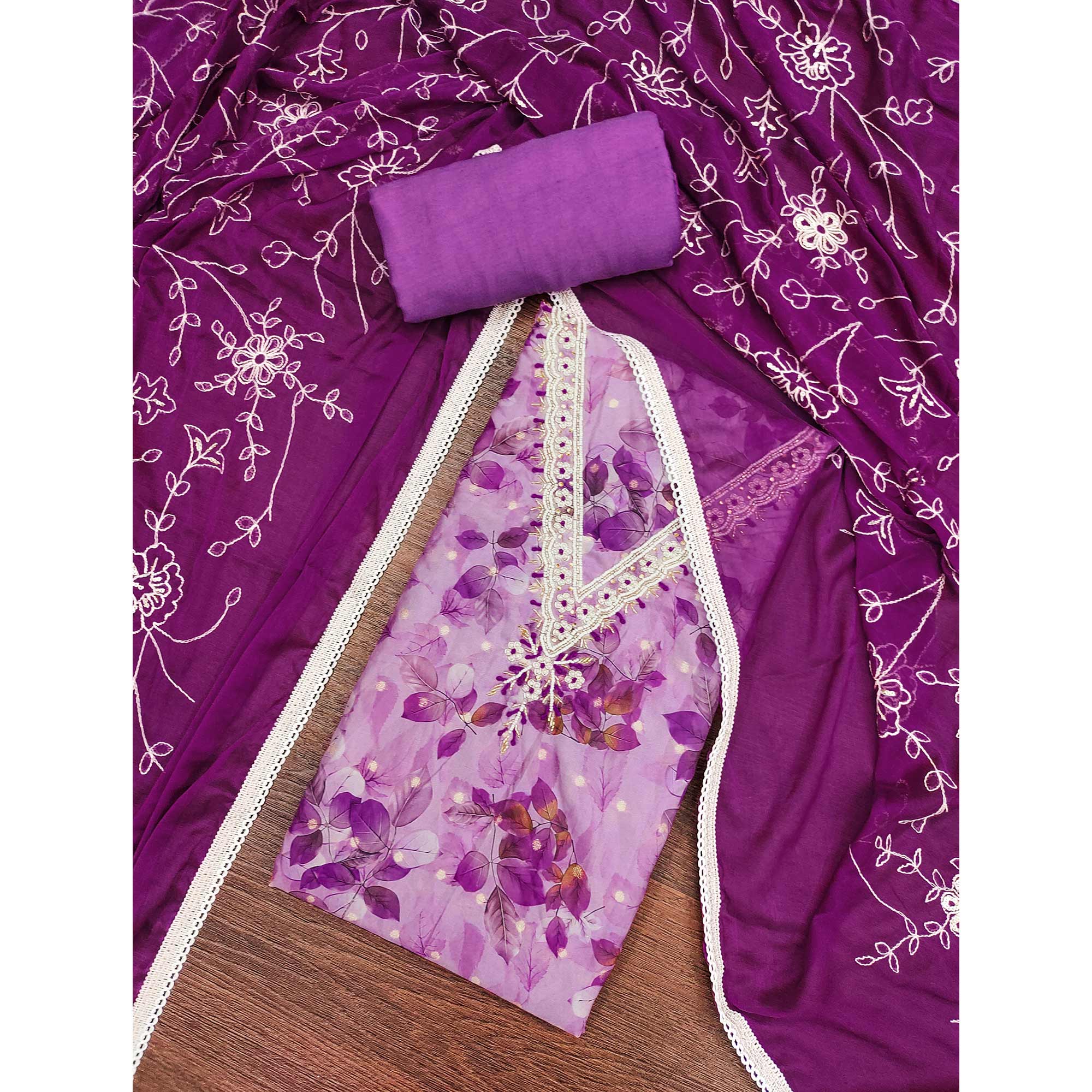 Purple Banarasi Silk Dress Material With Digital Print & Moti Handwork