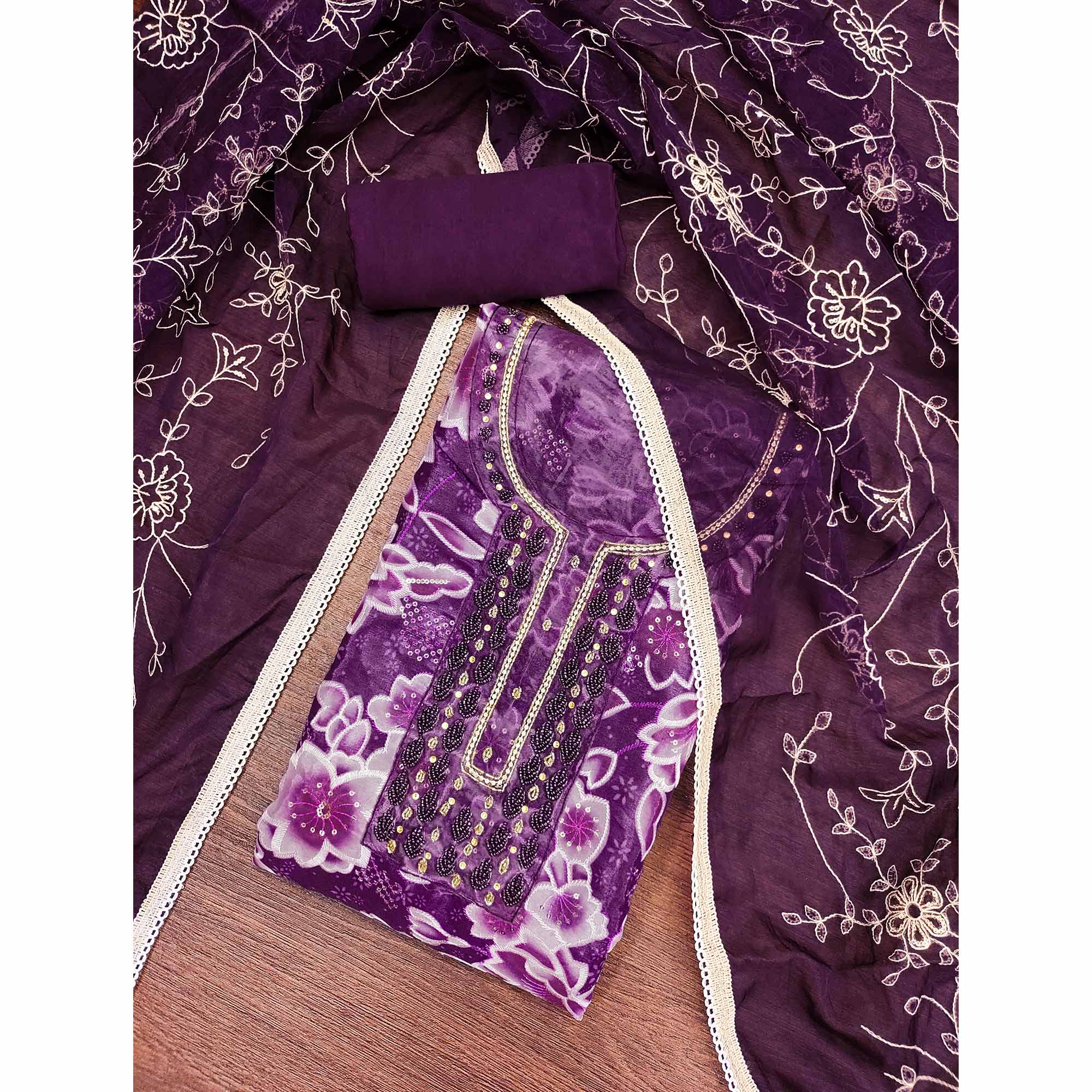 Purple Delicate Floral Sequins & Hand Embellishments On Flowing Organza Dress Material