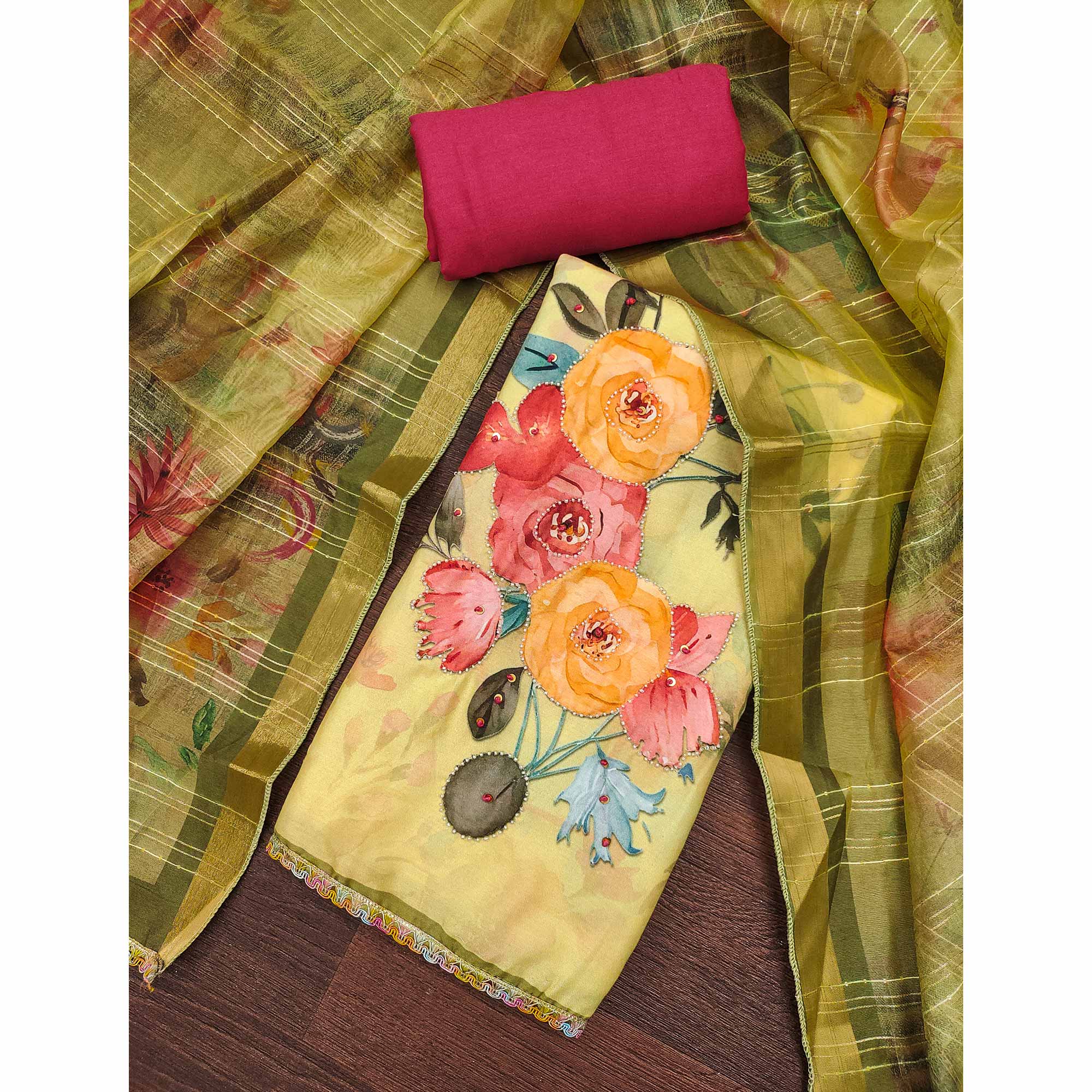 Lemon Yellow Pure Cotton Dress Material With Floral Digital Print & Fine Handwork