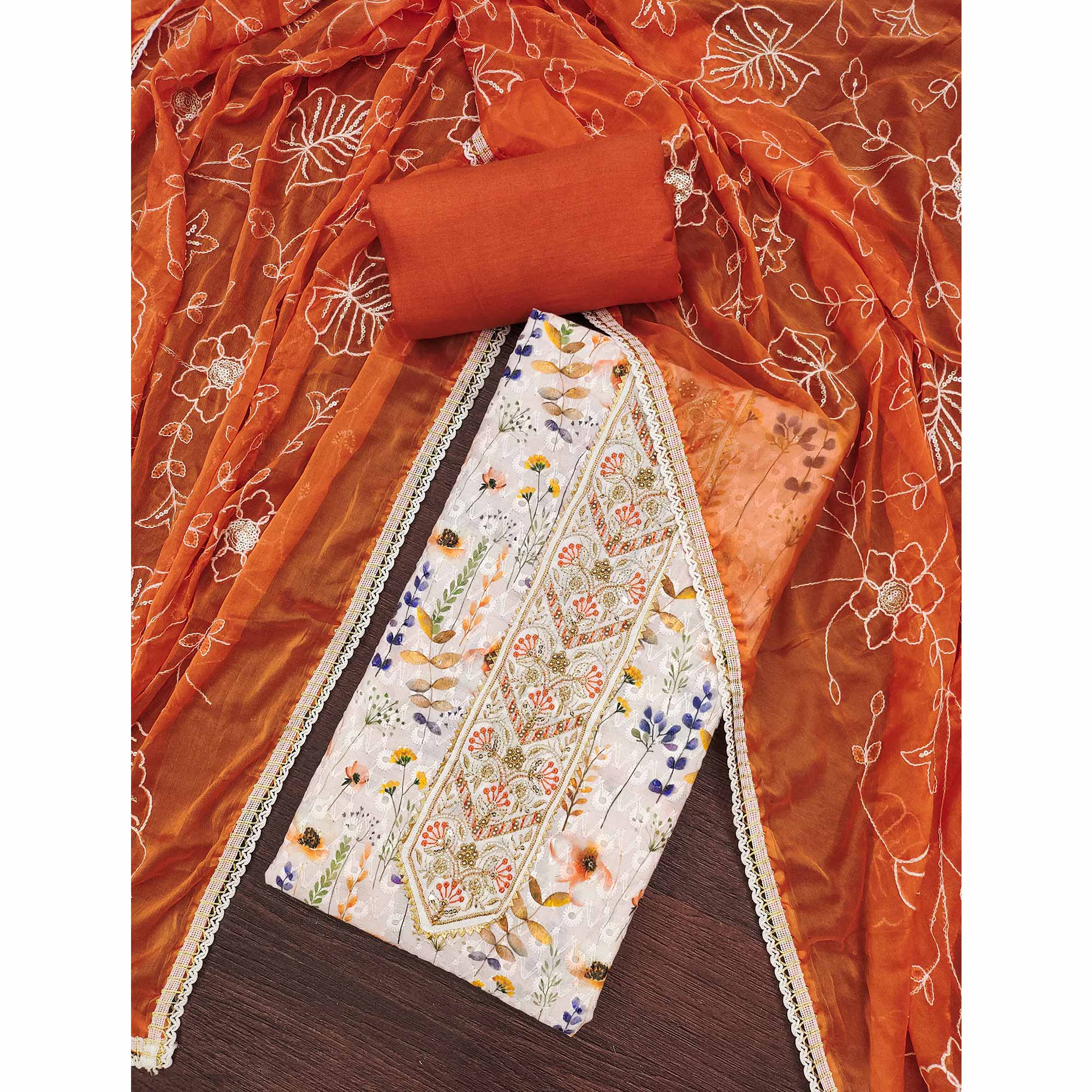 Orange Pure Cotton Dress Material With Digital Florals & Handcrafted Sequins Embroidery