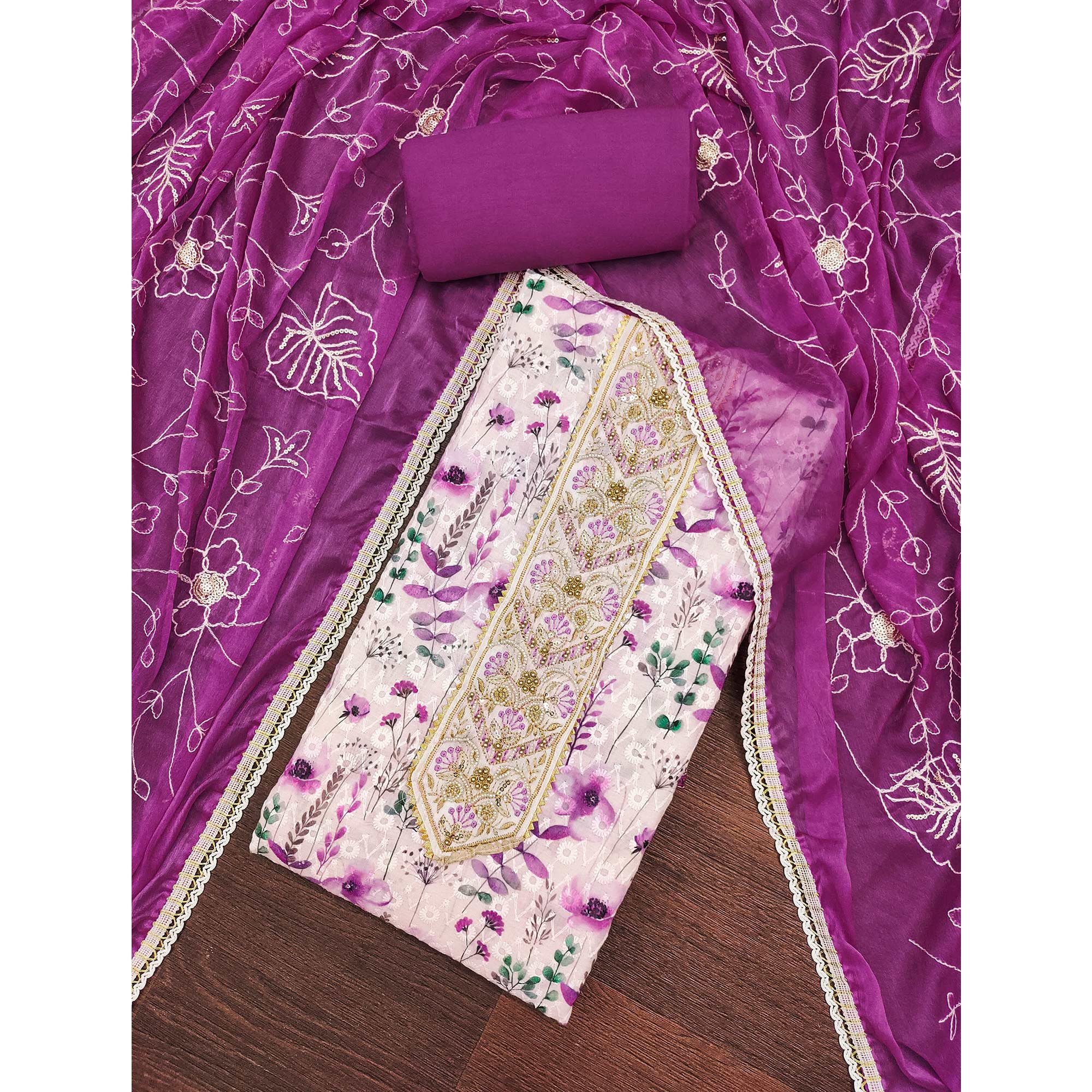 Purple Pure Cotton Dress Material With Digital Florals & Handcrafted Sequins Embroidery