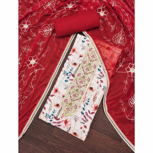 Red Pure Cotton Dress Material With Digital Florals & Handcrafted Sequins Embroidery