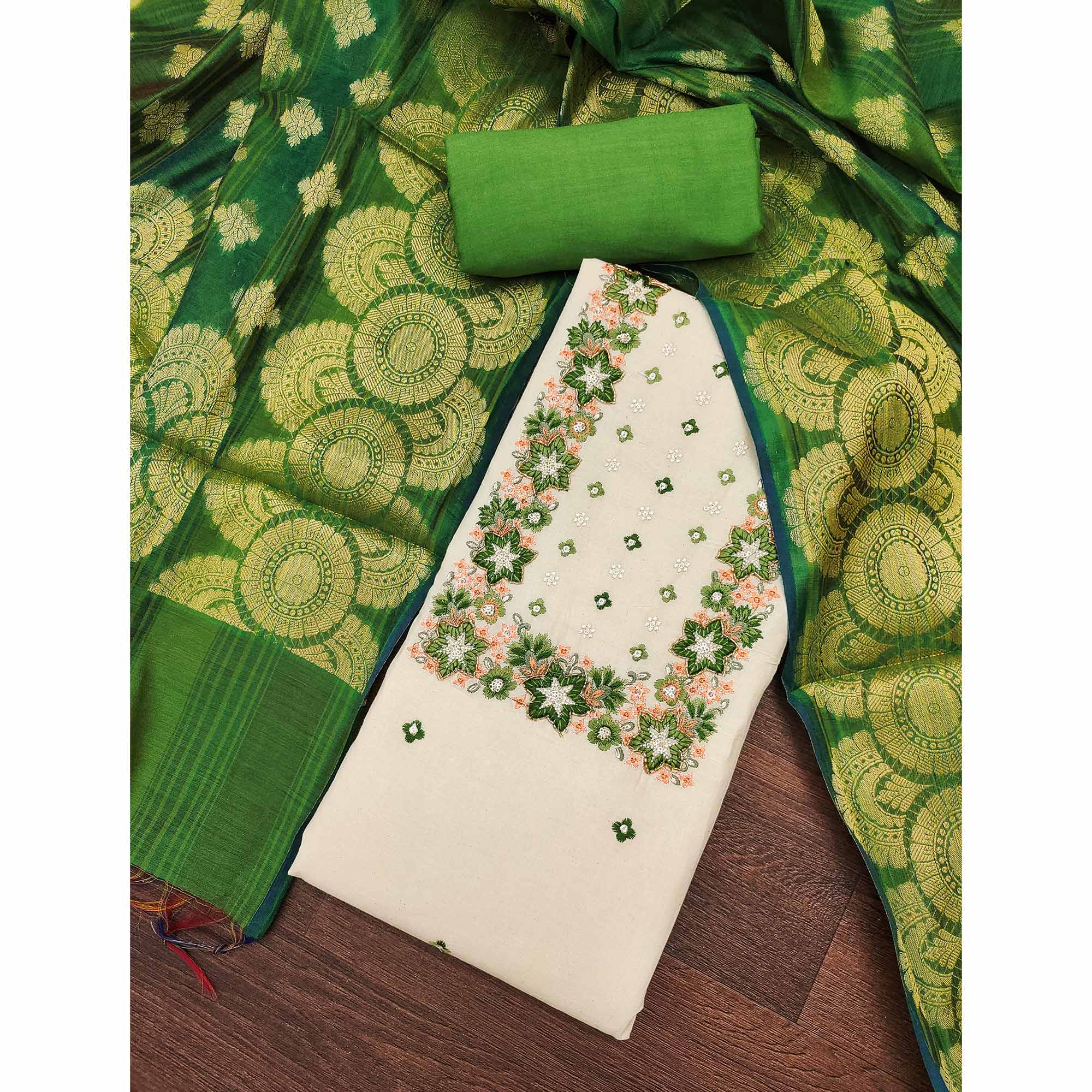 Floral Sequins Embroidered Cream & Green Pure Cotton Dress Material With Delicate Handwork