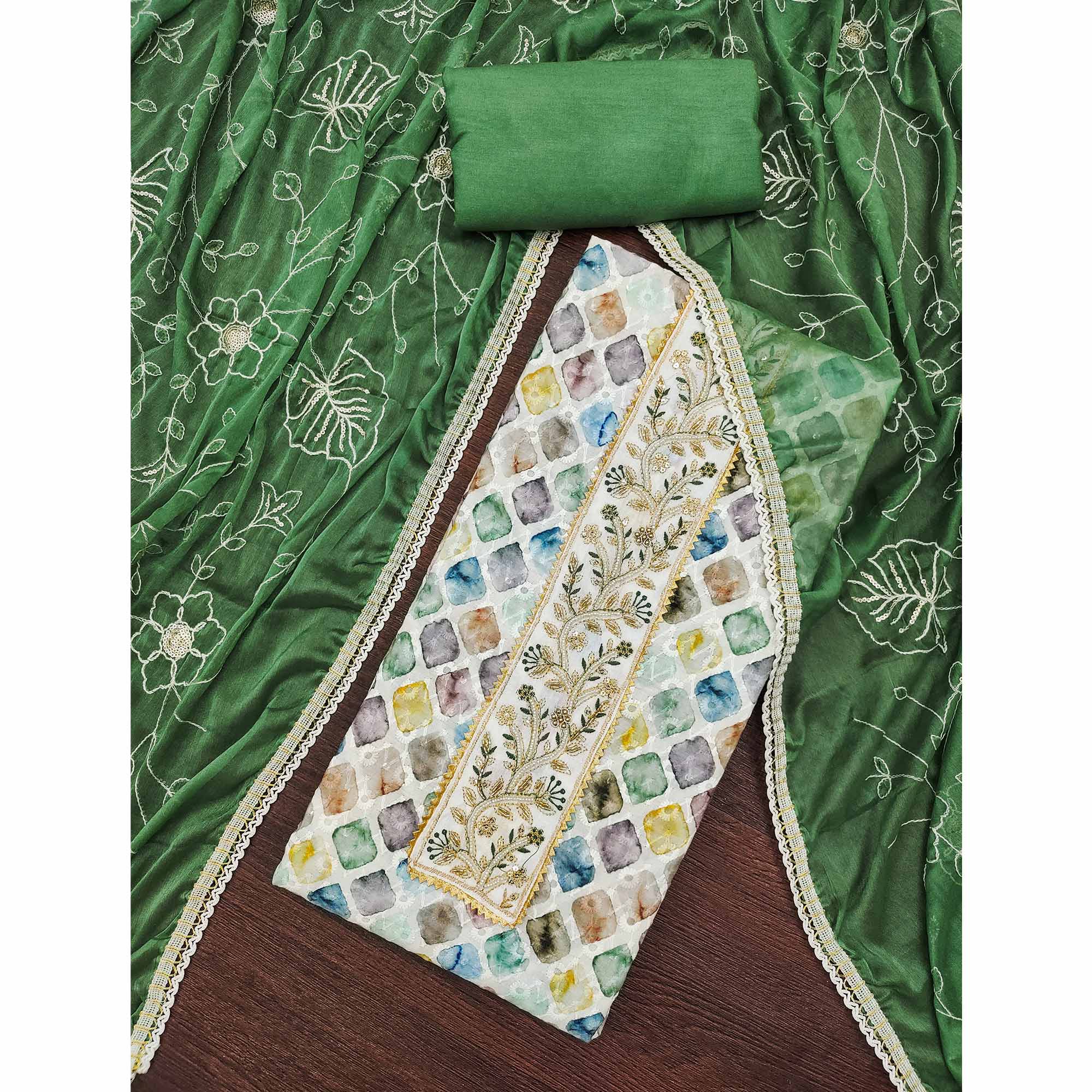 Green Digital Printed With Sequins Embroidery & Handwork Pure Cotton Dress Material