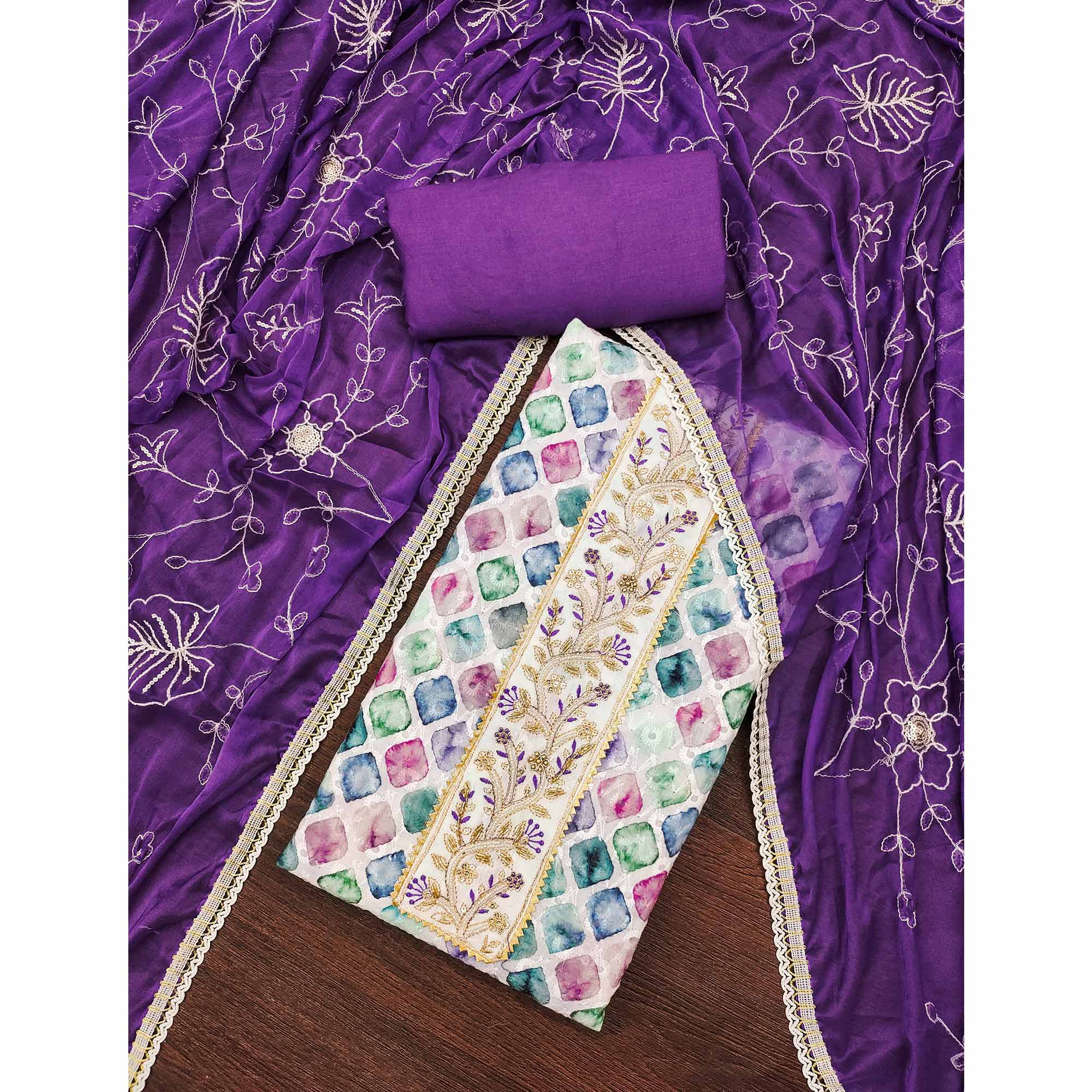 Purple Digital Printed With Sequins Embroidery & Handwork Pure Cotton Dress Material
