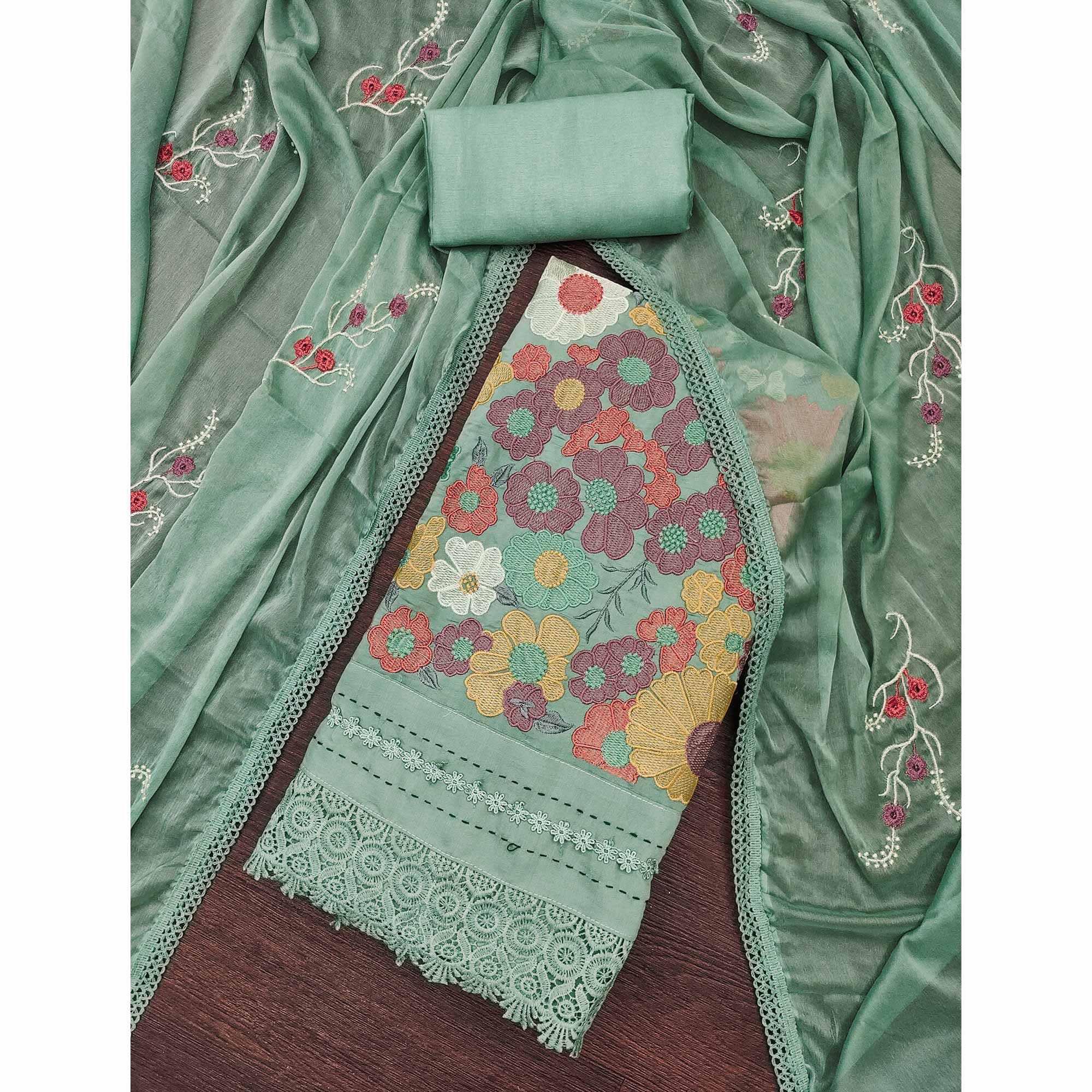 Green Roman Cotton Silk Dress Material Adorned With Elegant Floral Thread Embroidered Work