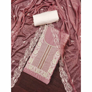 Peach Cotton Silk Dress Material Embellished With Floral Embroidery & Intricate Handwork