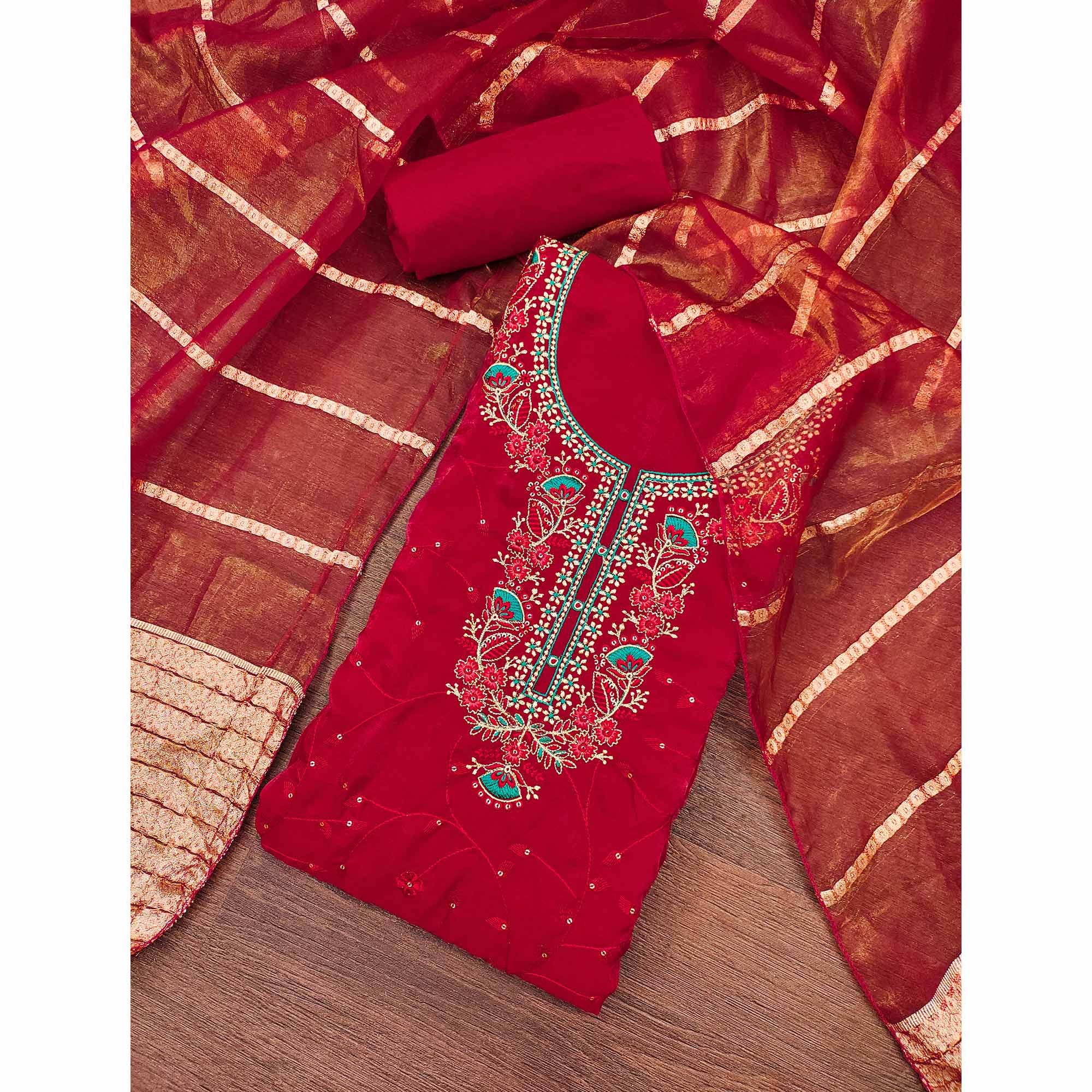 Red Georgette Silk Dress Material Beautified With Floral Sequins Embroidery