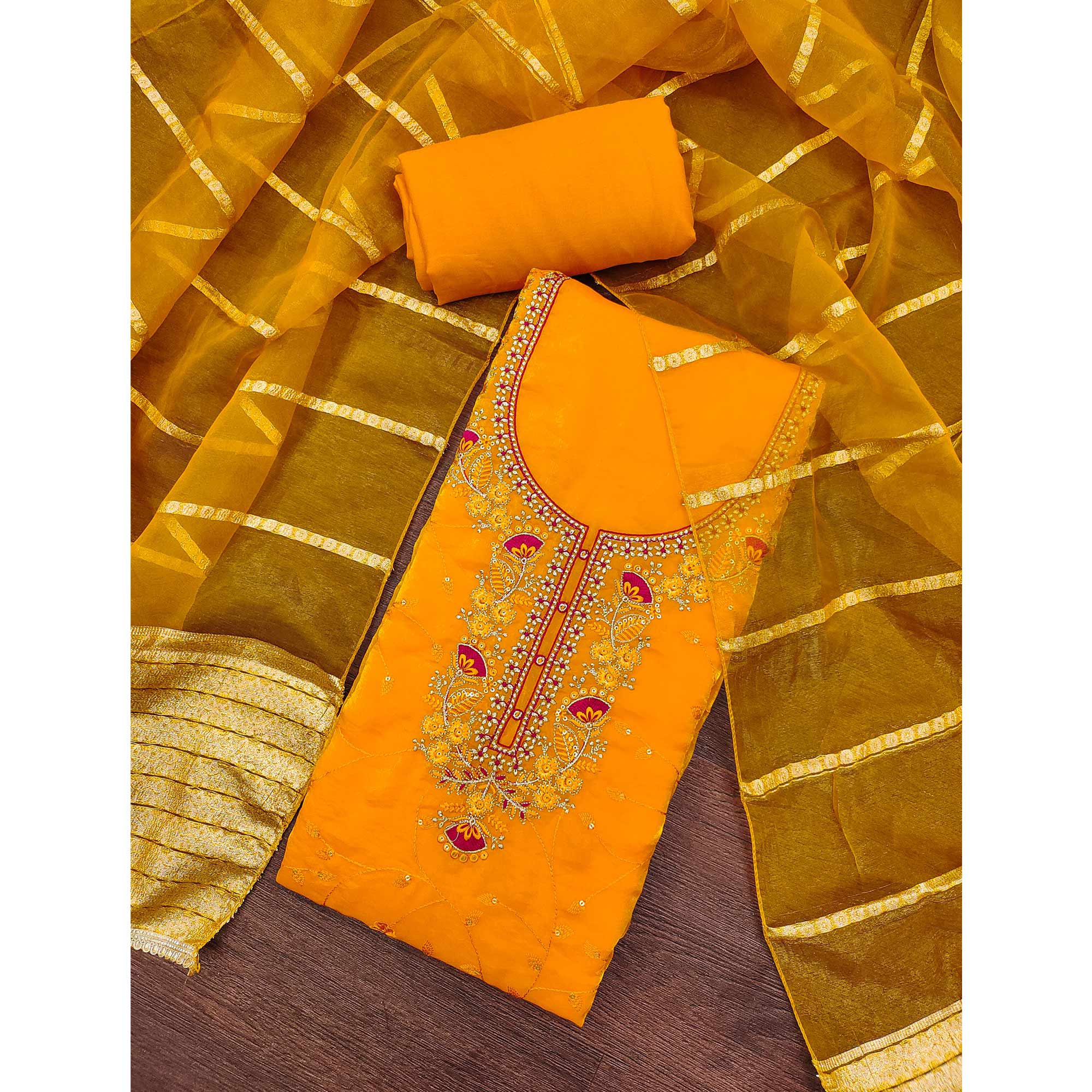 Yellow Georgette Silk Dress Material Beautified With Floral Sequins Embroidery