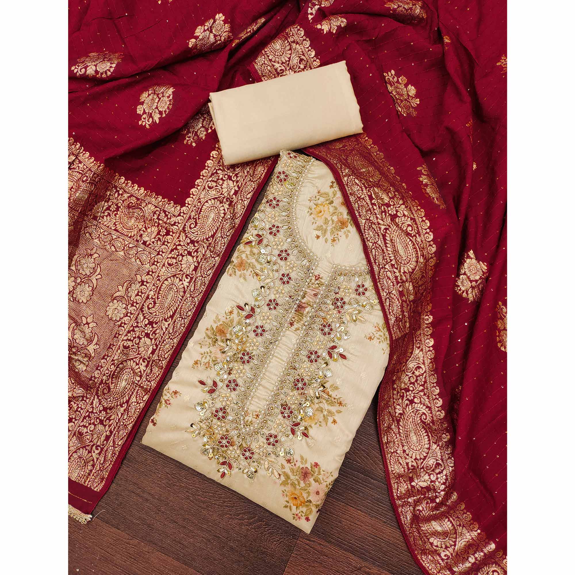 Chikoo Chanderi Silk Dress Material Adorned With Floral Sequins Embroidery & Delicate Moti Handwork