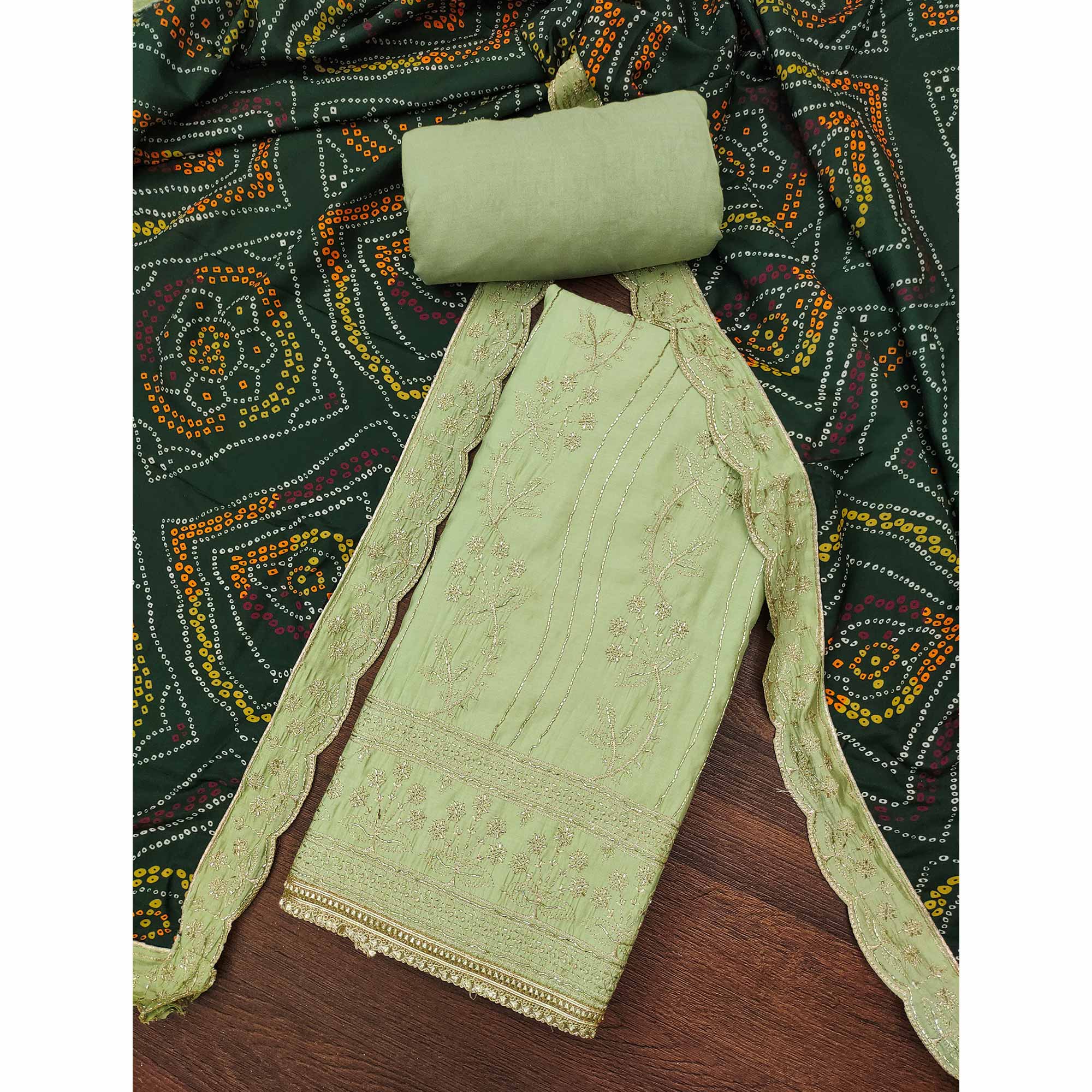 Green Cotton Silk Dress Material Embellished With Elegant Floral Hand Embroidery Work