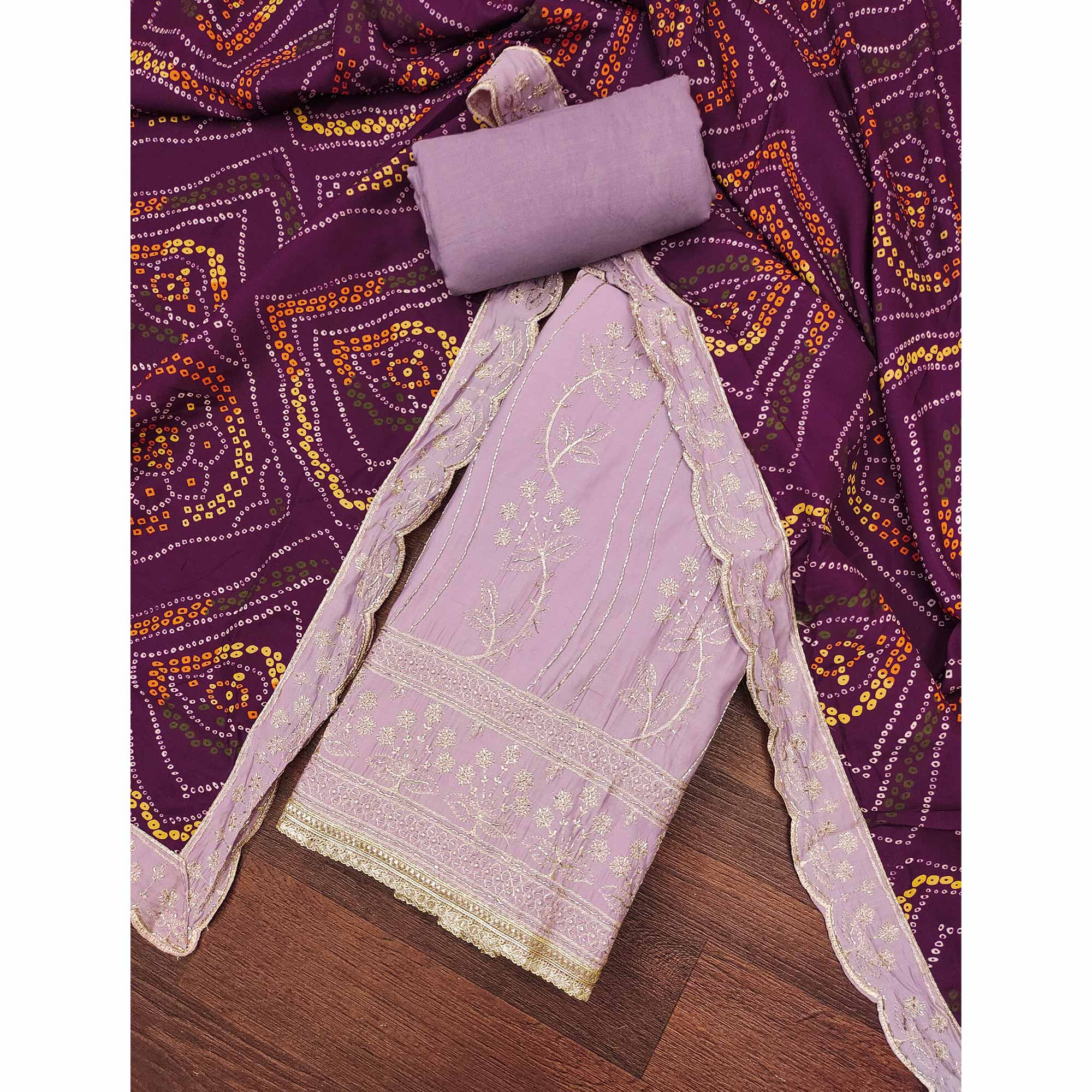 Lavender Cotton Silk Dress Material Embellished With Elegant Floral Hand Embroidery Work