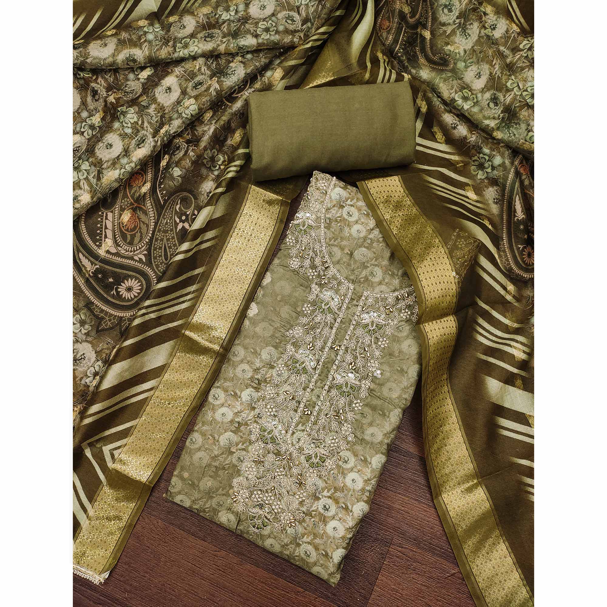 Mehendi Green Banarasi Cotton Blend Dress Material With Floral Digital Print & Moti Handwork