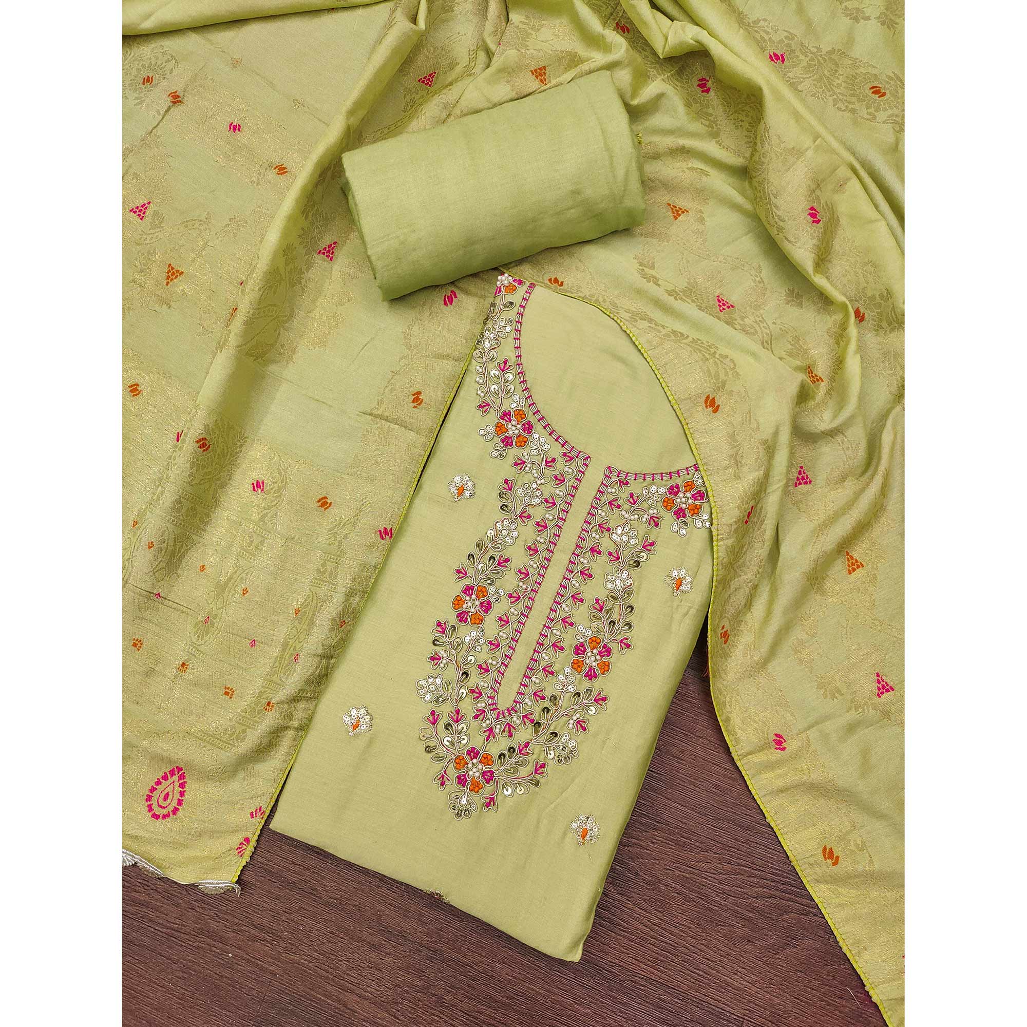Green Pure Cotton Dress Material Featuring Floral Sequins Cording Embroidery With Moti Handwork