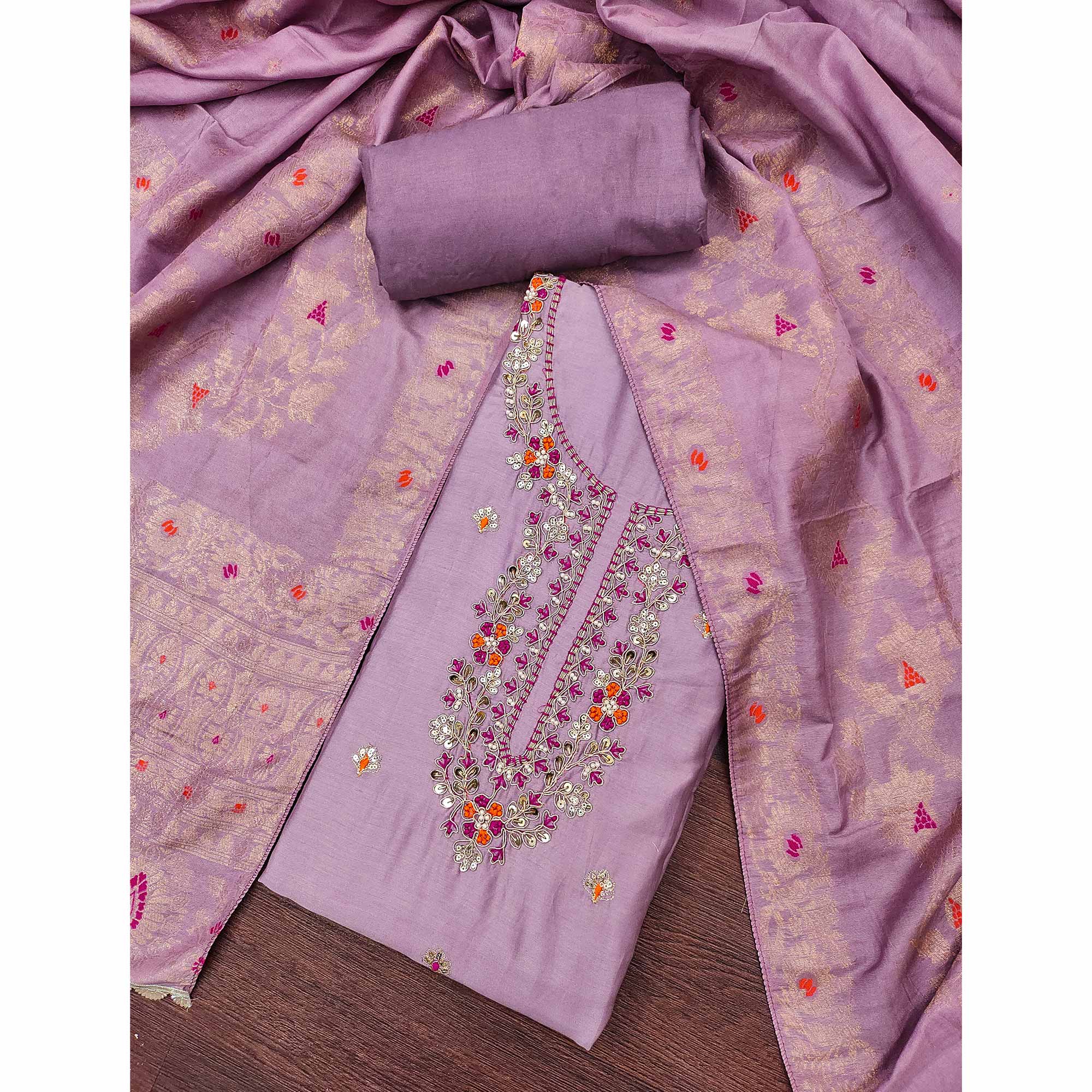 Lavender Pure Cotton Dress Material Featuring Floral Sequins Cording Embroidery With Moti Handwork