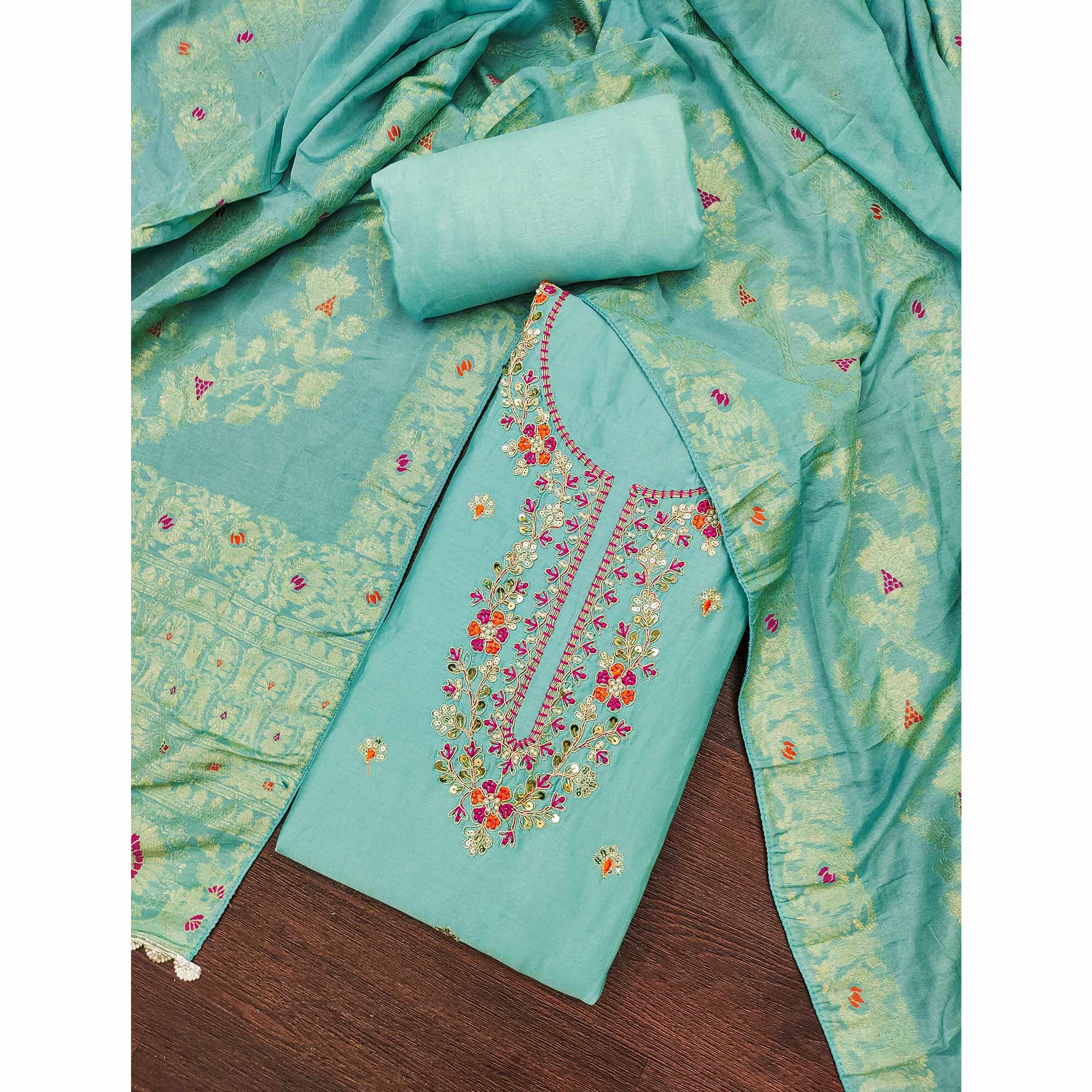 Turquoise Pure Cotton Dress Material Featuring Floral Sequins Cording Embroidery With Moti Handwork